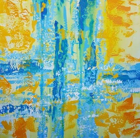Abstract painting with blue, yellow, and orange brushstrokes.