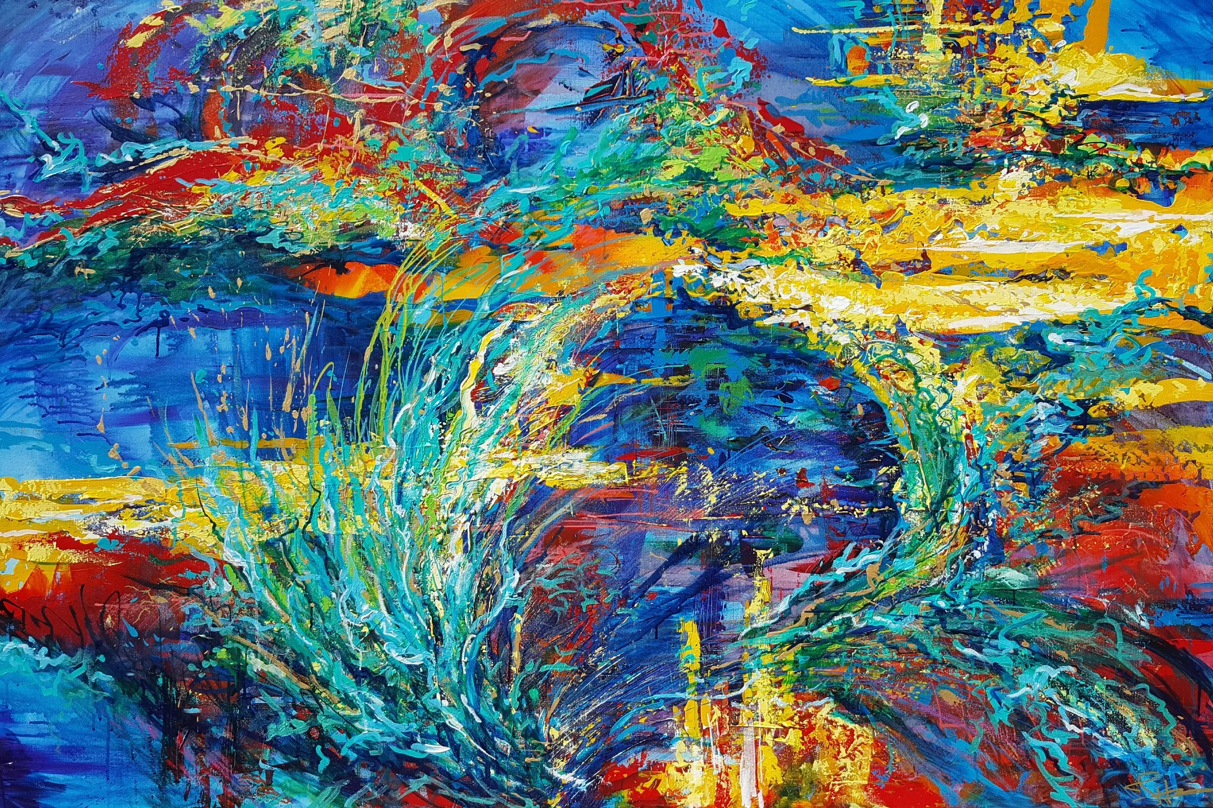 Abstract painting with vibrant blue, yellow, green, red, and purple colors, featuring dynamic brushstrokes and swirling patterns.