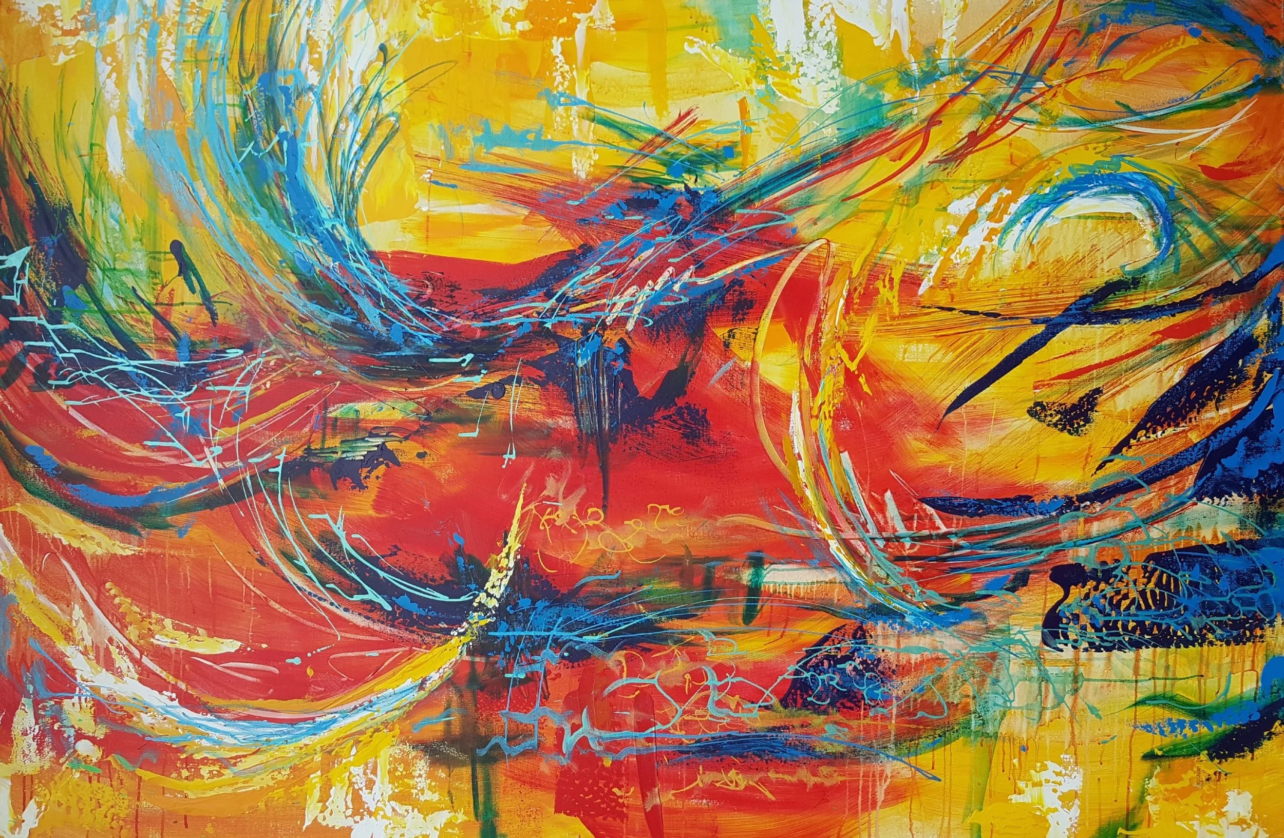 Abstract painting with vibrant streaks of red, yellow, blue, and orange, featuring swirling and splattered brushstrokes and lines.