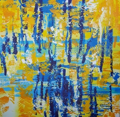 Abstract painting with blue, yellow, and white brushstrokes resembling a forest scene.