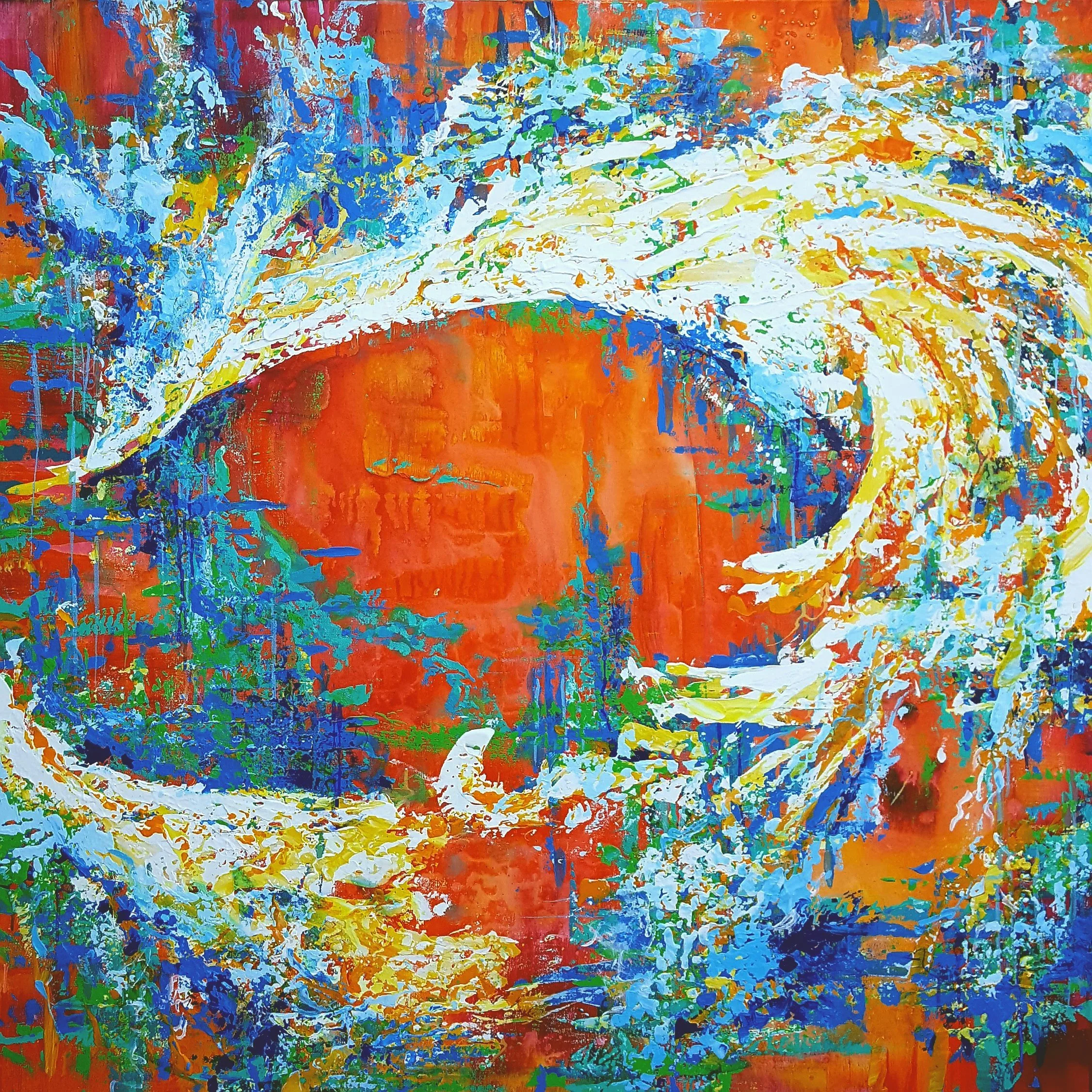 Abstract painting with vibrant orange and blue splashes, resembling a face with closed eyes and a flowing hair or headdress.