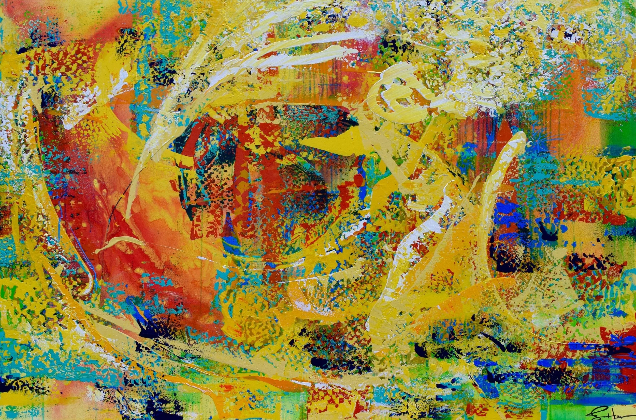 Abstract colorful painting with splashes of yellow, red, blue, and green paint, featuring layered textures and chaotic patterns.