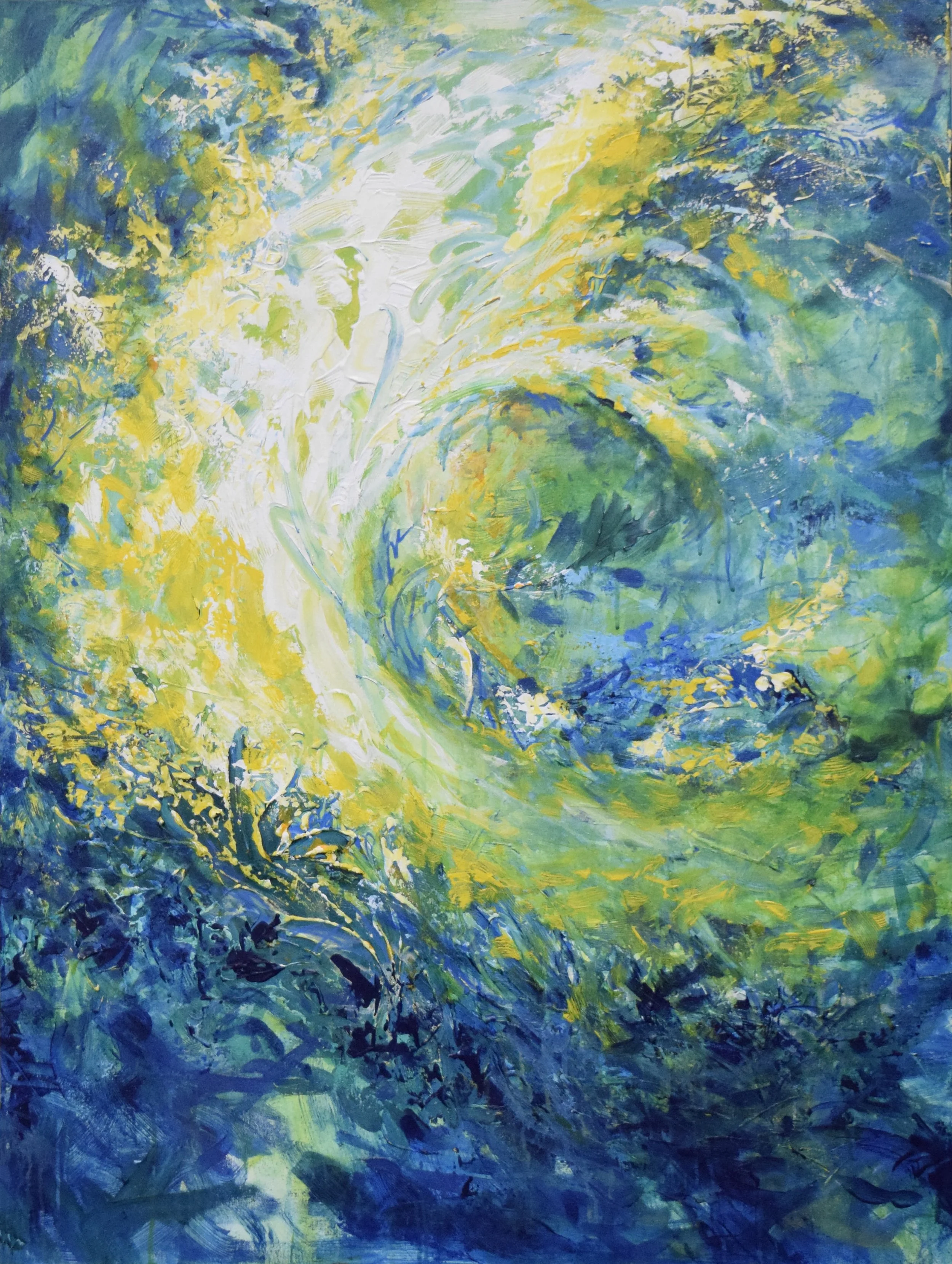 Abstract painting with swirling yellow, green, and blue colors, depicting a wave or vortex.