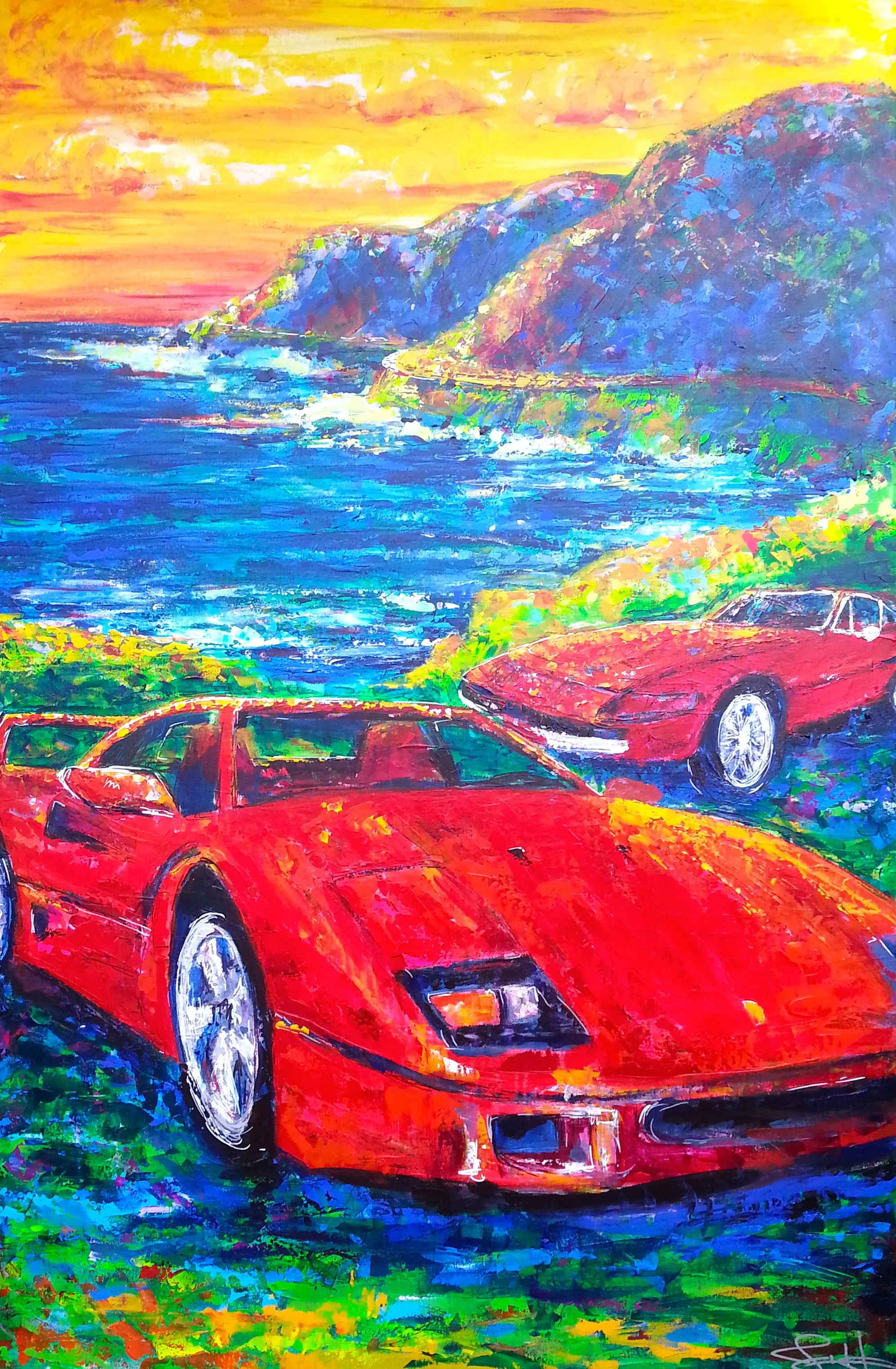 Brightly colored painting of two red sports cars parked on a lush, green grass with a backdrop of a blue ocean, mountains, and a vibrant yellow and orange sky, resembling a sunset.