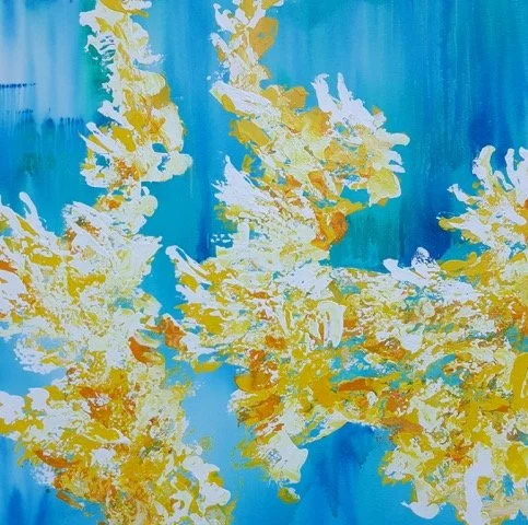 Abstract painting with blue background and yellow and white brushstrokes.