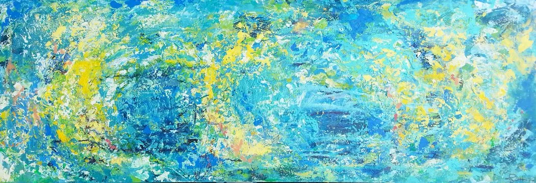 Abstract painting with blue, yellow, green, and white colors in a swirling, textured pattern.