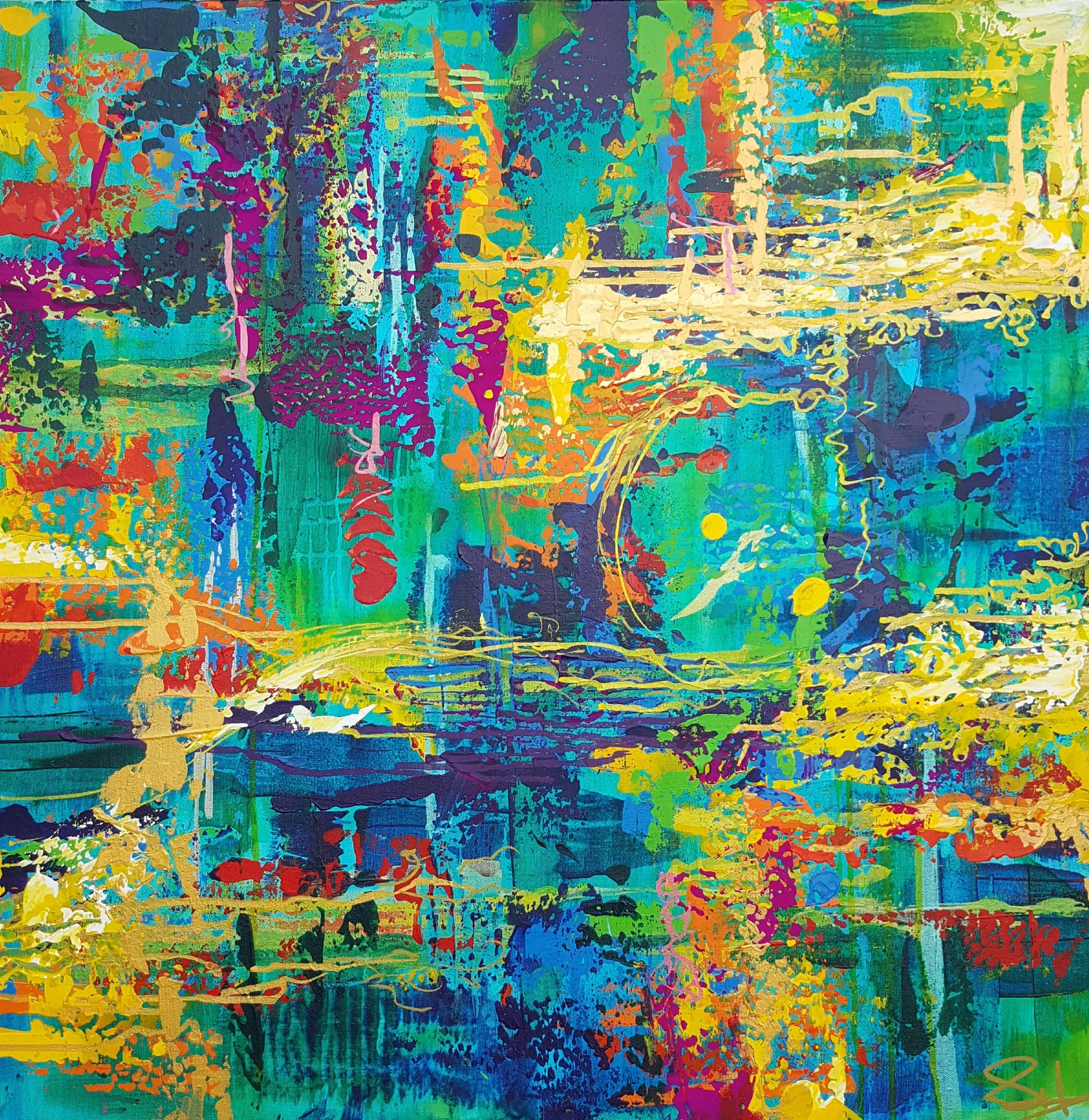 An abstract painting with vibrant colors including green, blue, yellow, orange, purple, and red. The composition features dynamic, swirling, and dripping patterns, with some areas that resemble water reflections and organic shapes.