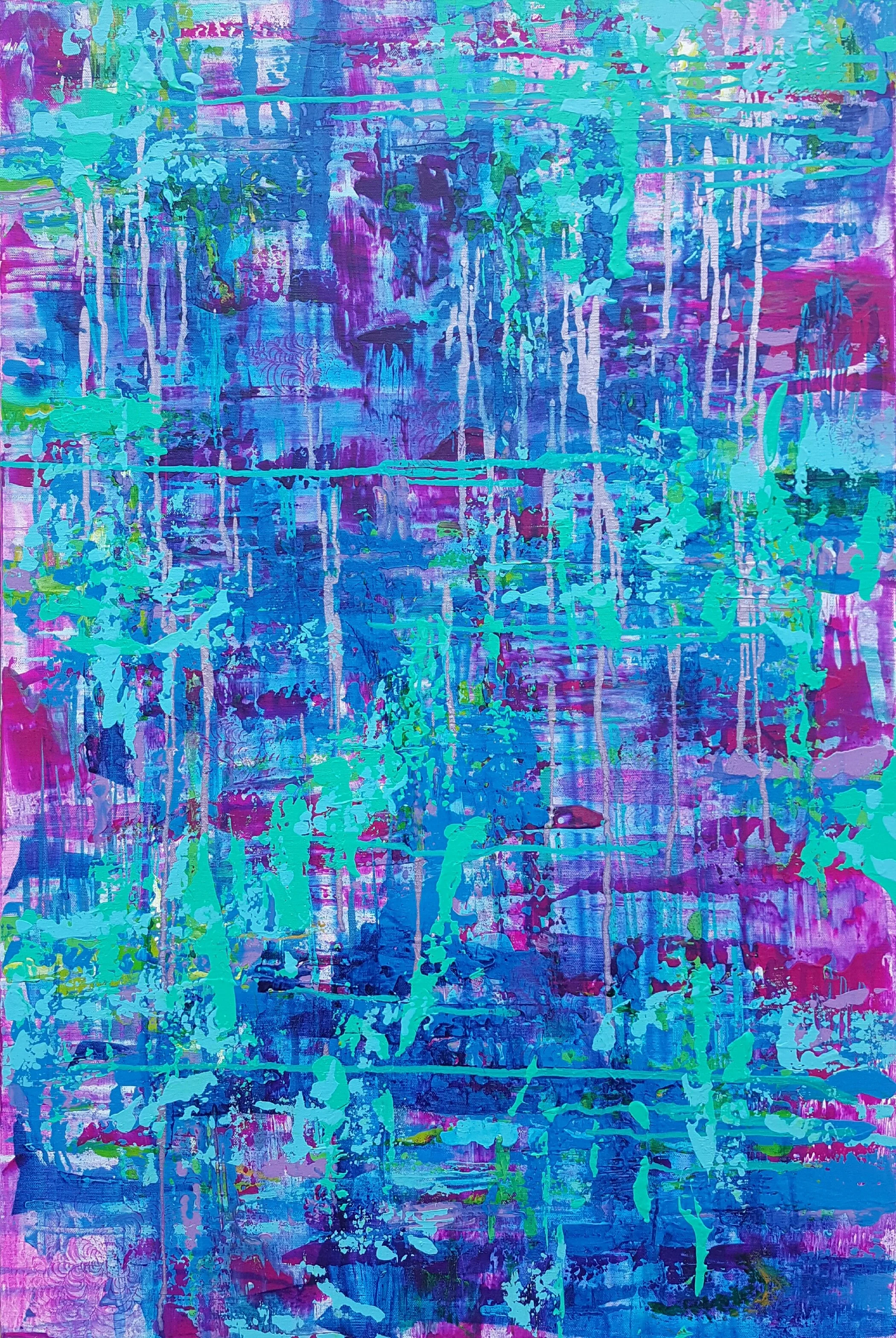 Abstract painting with vibrant blue, purple, pink, and green colors, featuring drips and splashes of paint.