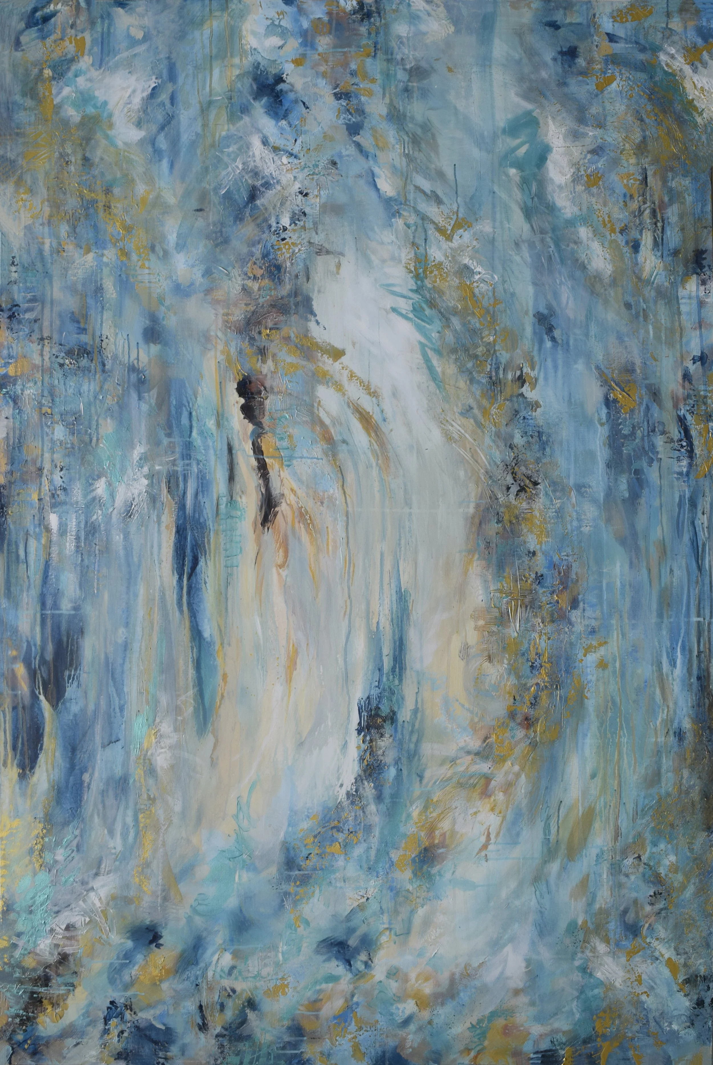 Abstract painting with shades of blue, white, gold, and hints of black, resembling a waterfall or flowing water.