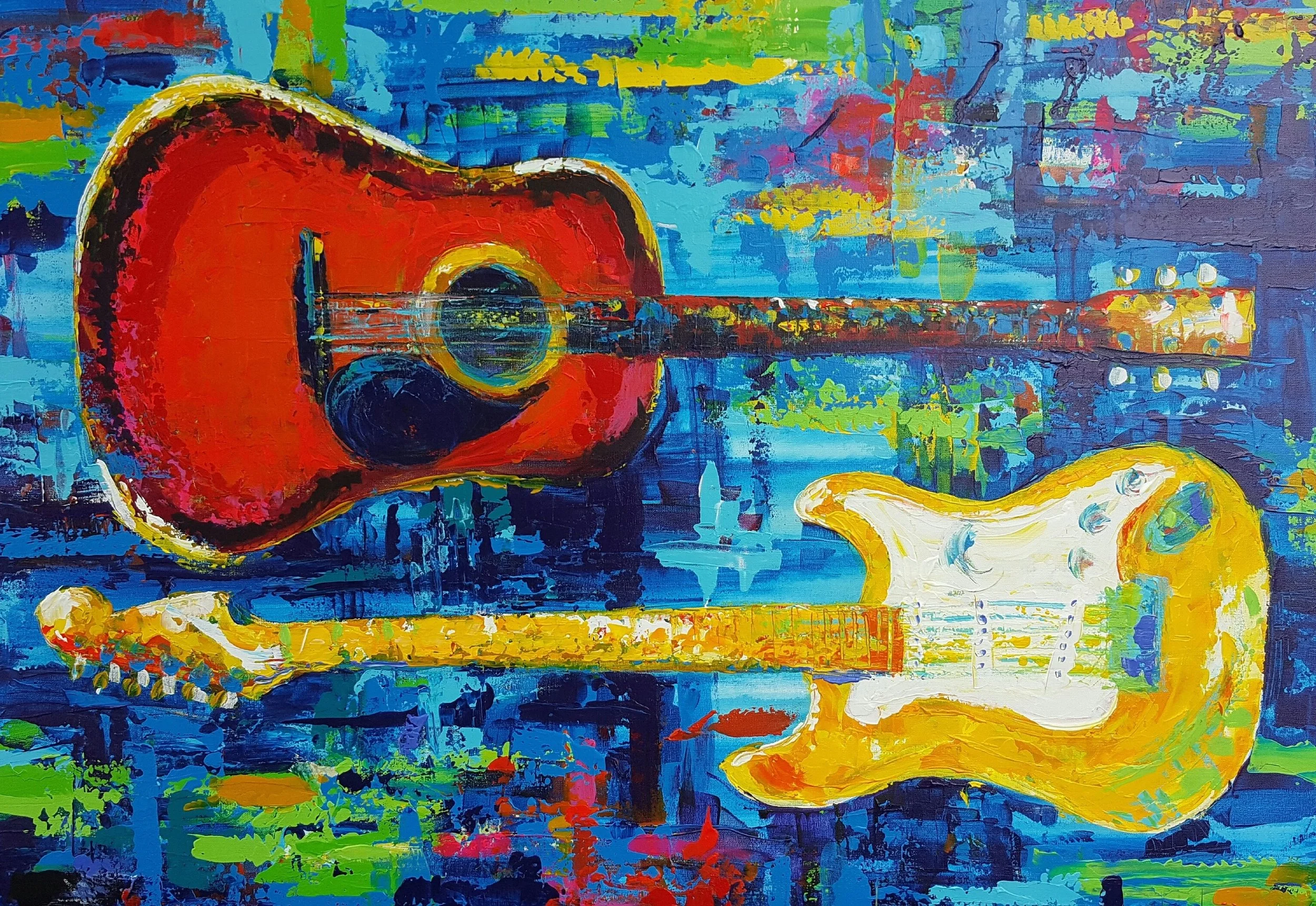 Abstract painting of two electric guitars, one red and one yellow, against a vibrant blue, green, and multicolored background.