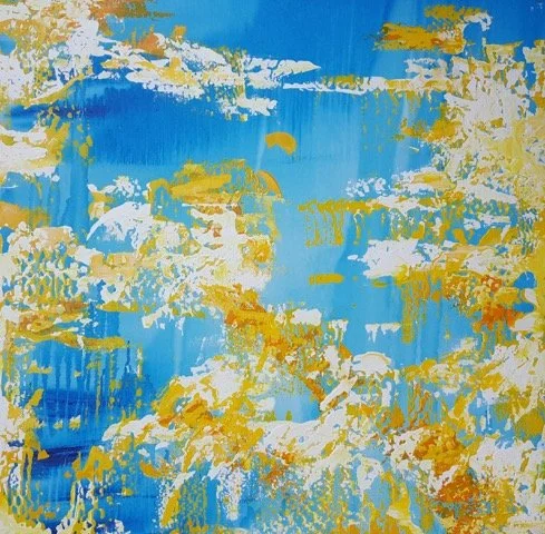 Abstract painting with blue, white, and yellow brushstrokes