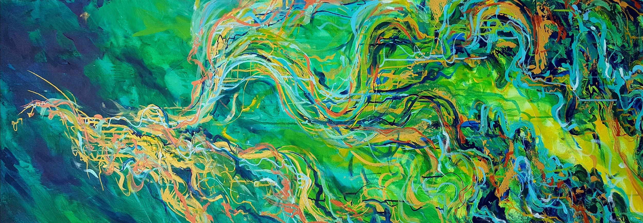 Abstract painting with swirling lines and vibrant colors including green, blue, yellow, orange, and black.