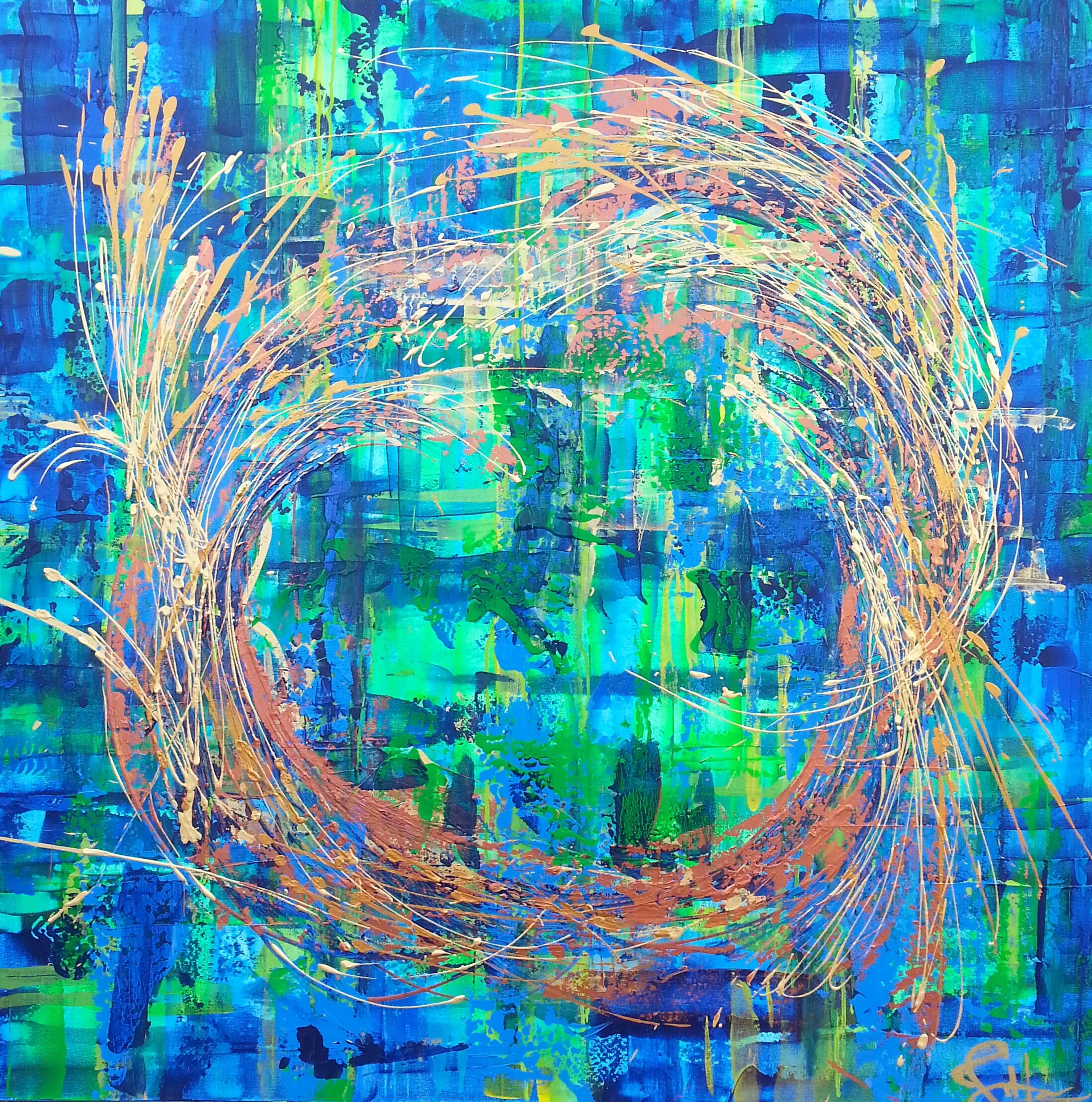 Abstract painting with a blue, green, and aqua background layered with orange and pink squiggly and splattered lines.