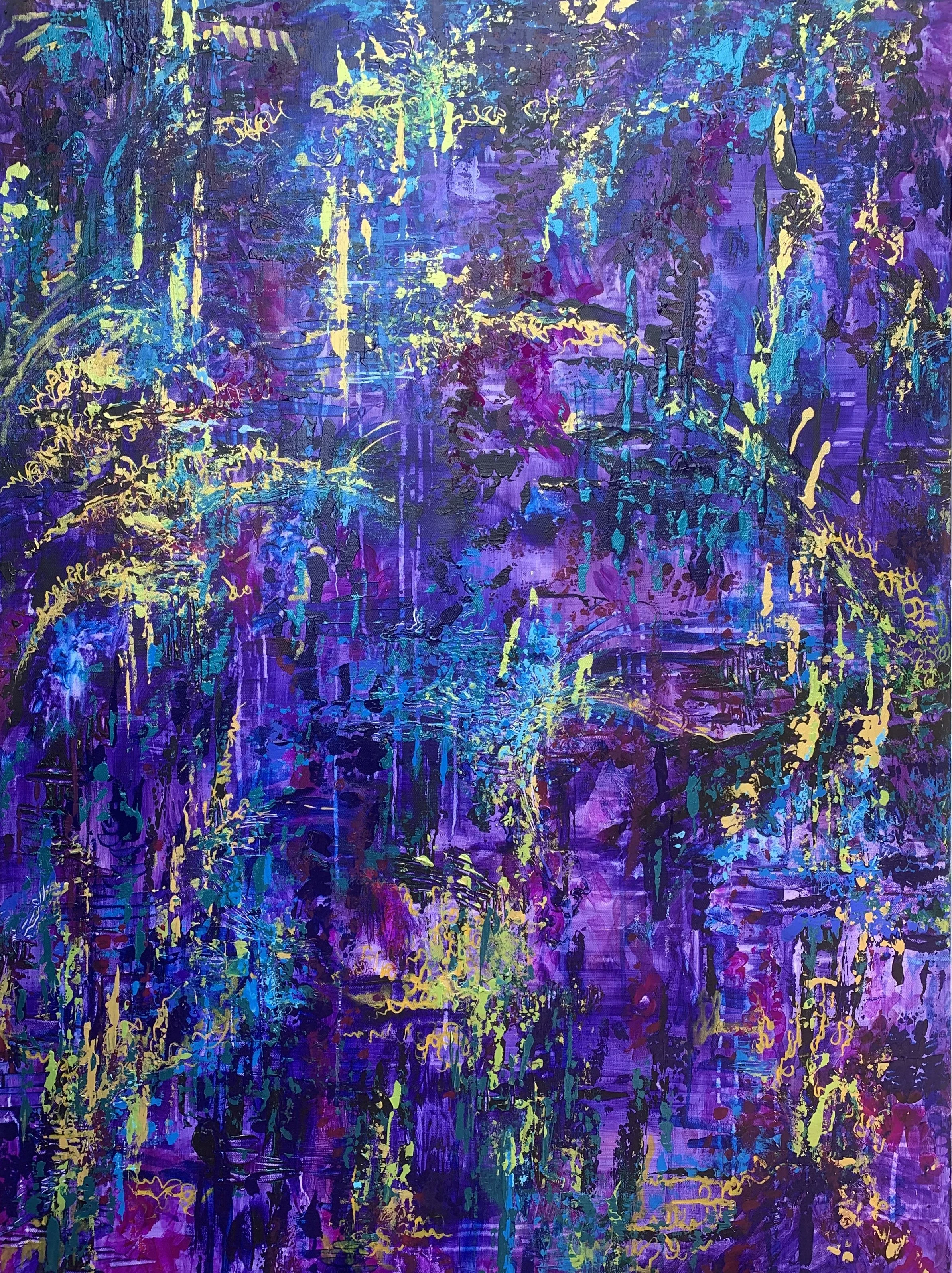 Abstract painting with vibrant purple, blue, yellow, and black colors, featuring layered brushstrokes and dripping paint.