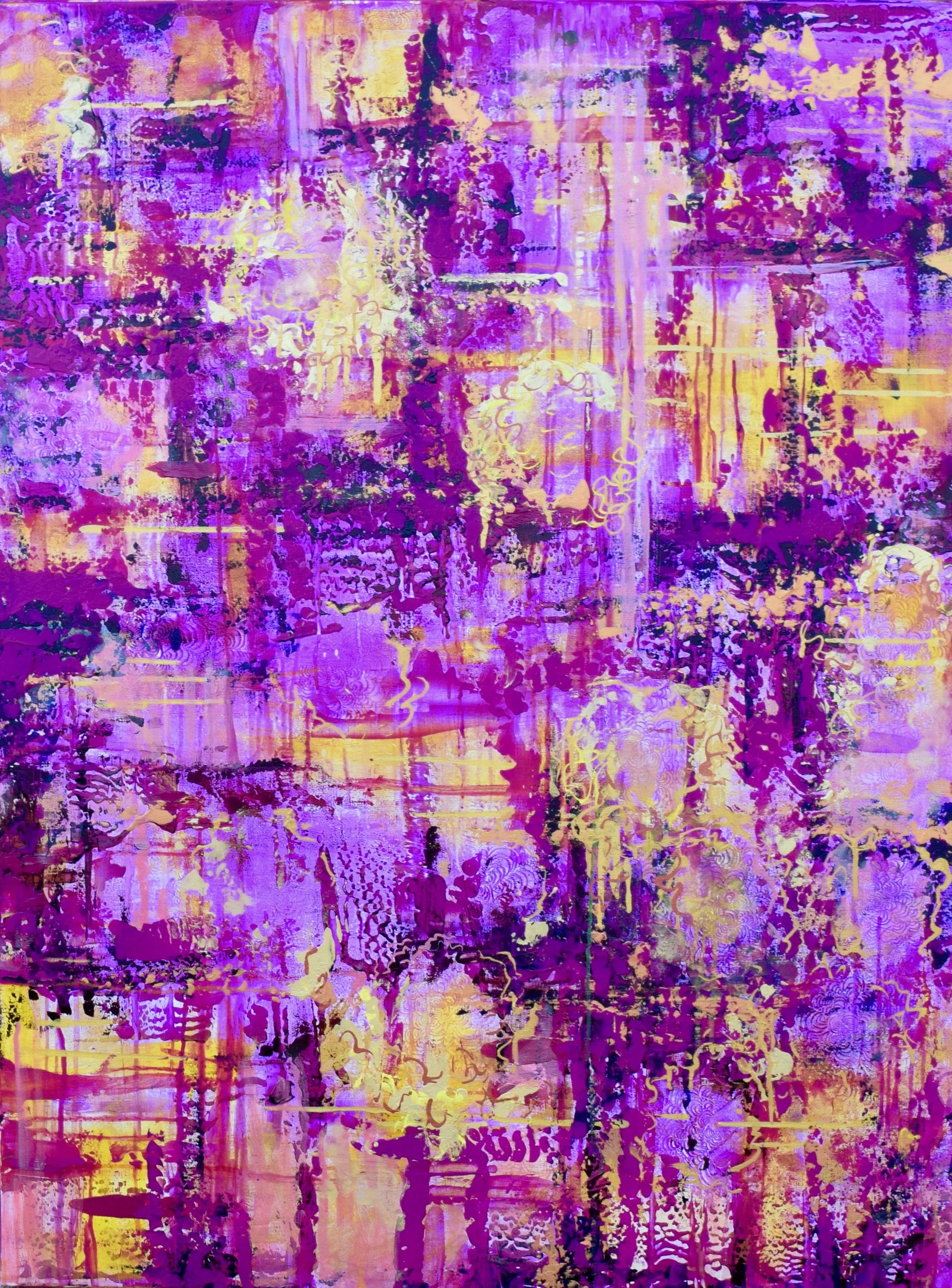 Abstract painting with vibrant shades of purple, pink, yellow, and hints of black, featuring a textured and layered design with swirling and dripping patterns.