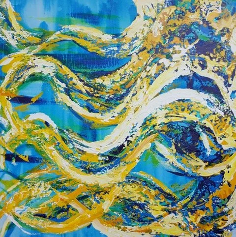 Abstract painting with yellow, white, and blue brushstrokes creating swirling patterns.