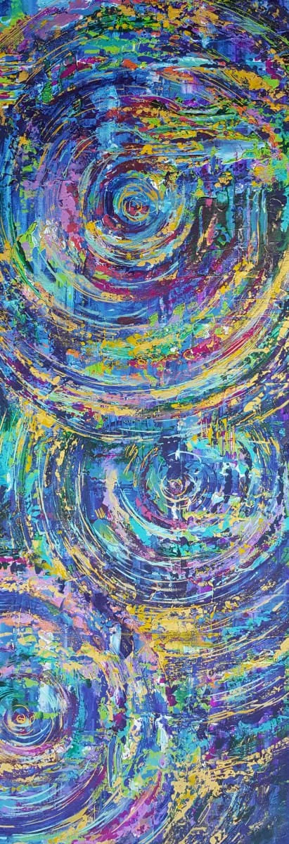 Abstract painting with vibrant swirling circular patterns of blue, purple, yellow, green, and pink colors.