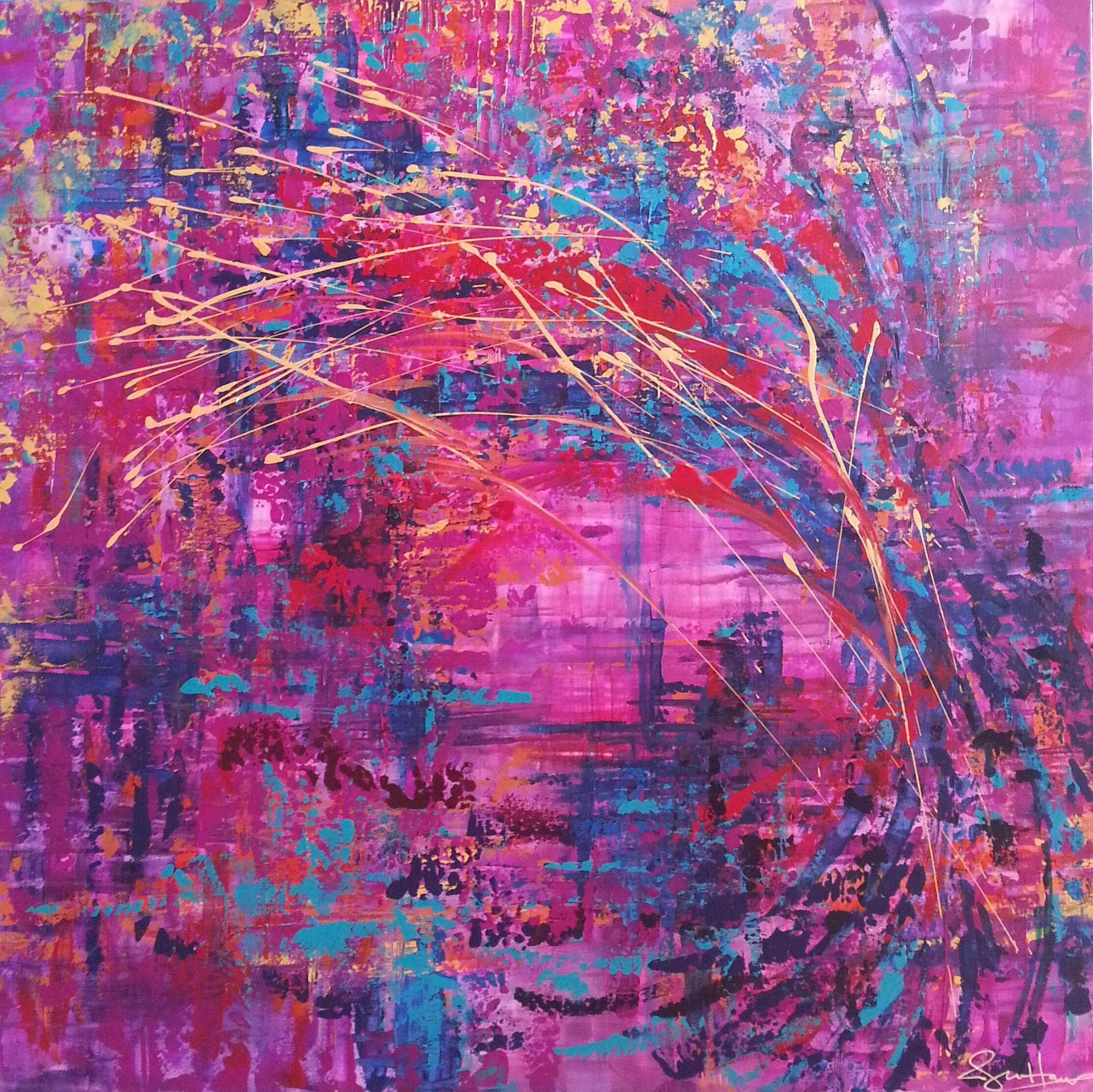 Abstract painting with vibrant pink, purple, blue, and orange hues, featuring sweeping brushstrokes and splatters with some gold accents.