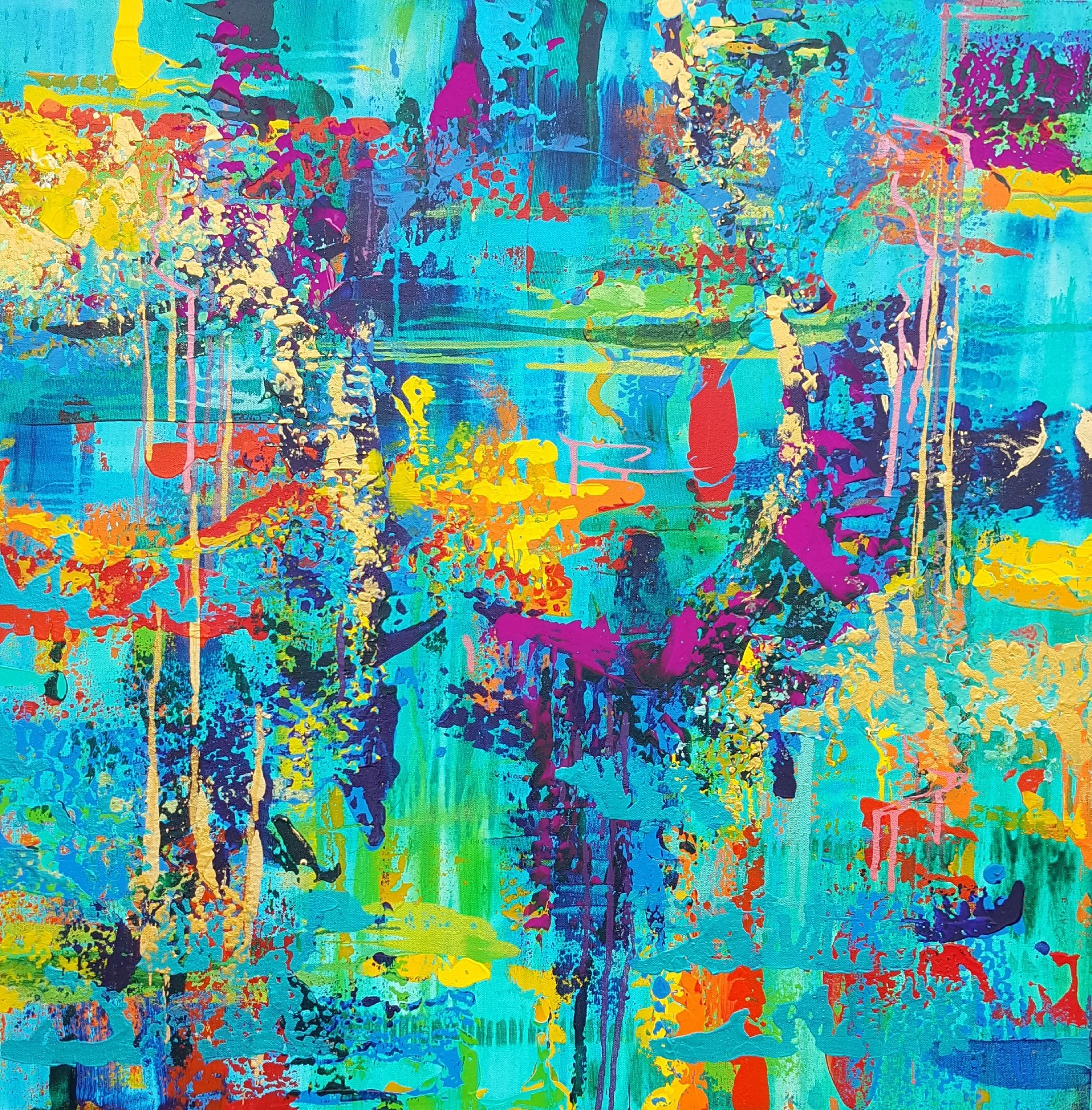 An abstract painting with vibrant splashes of blue, yellow, purple, orange, and green colors, featuring dripping and textured paint strokes.