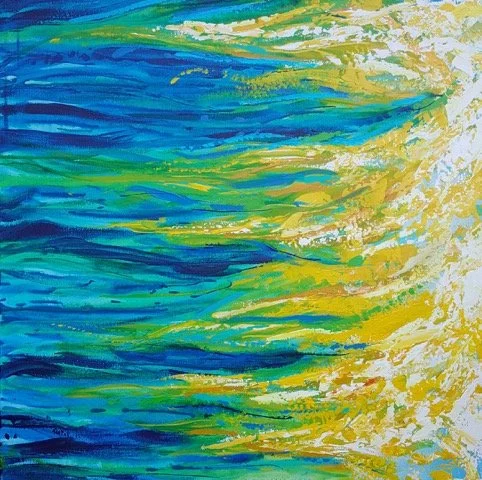 Abstract painting with blue, green, yellow, and white brushstrokes creating a flowing motion.