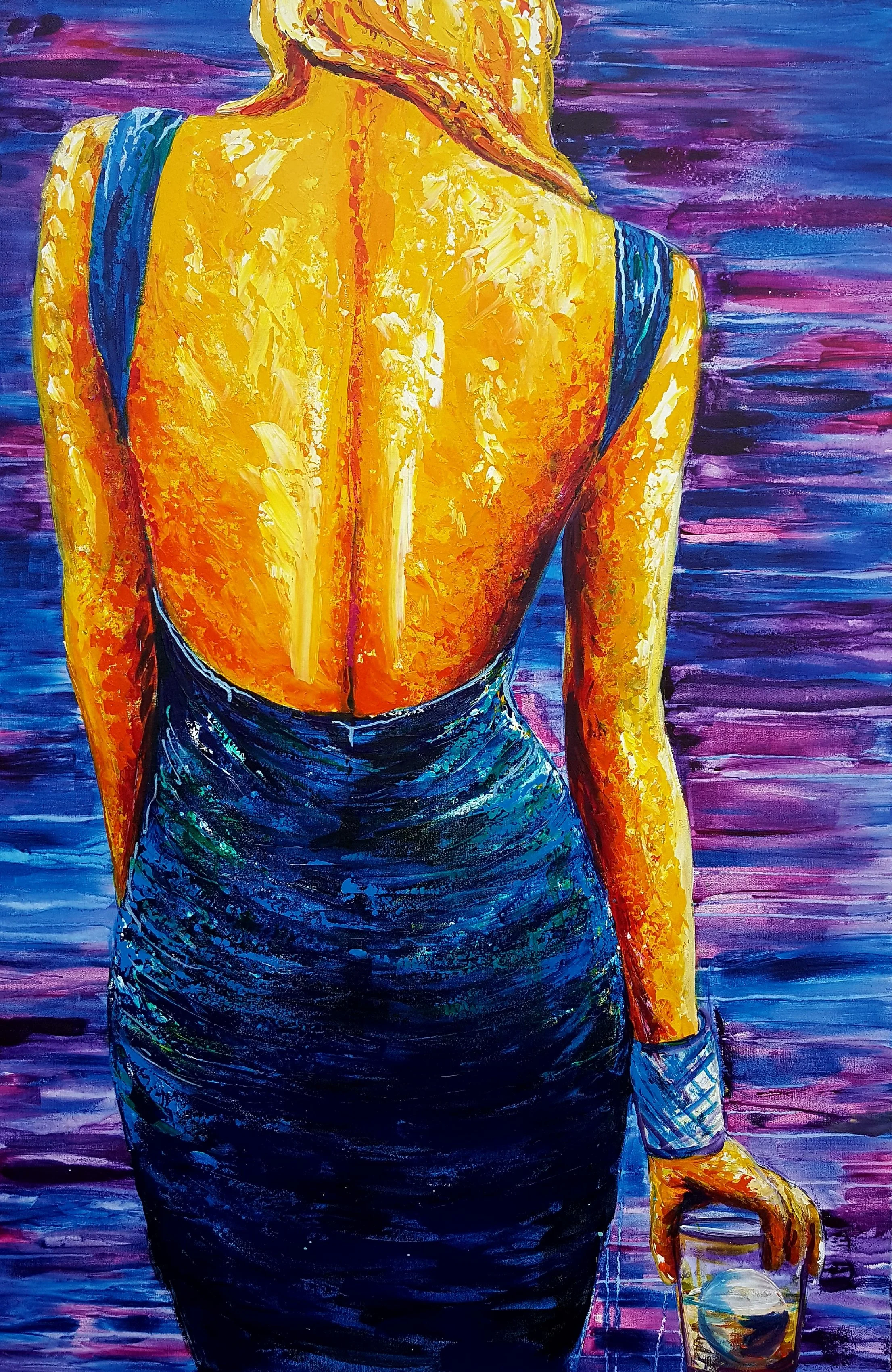 Painting of a woman from behind, wearing a sleeveless blue dress, holding a glass with a drink, against an abstract purple and blue background.