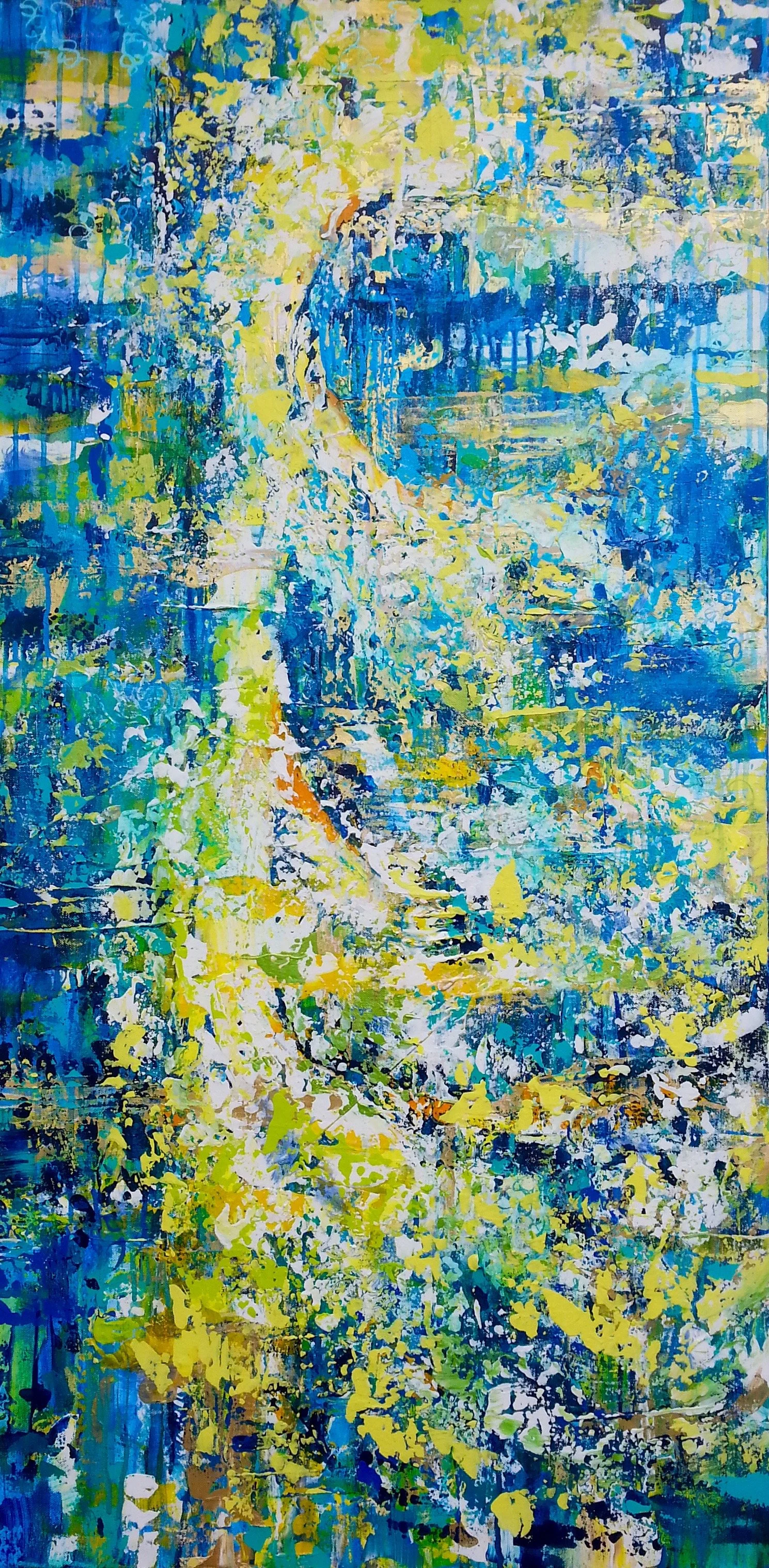 Abstract painting with layers of blue, yellow, white, and green paint splatters and streaks creating a vibrant, dynamic composition.