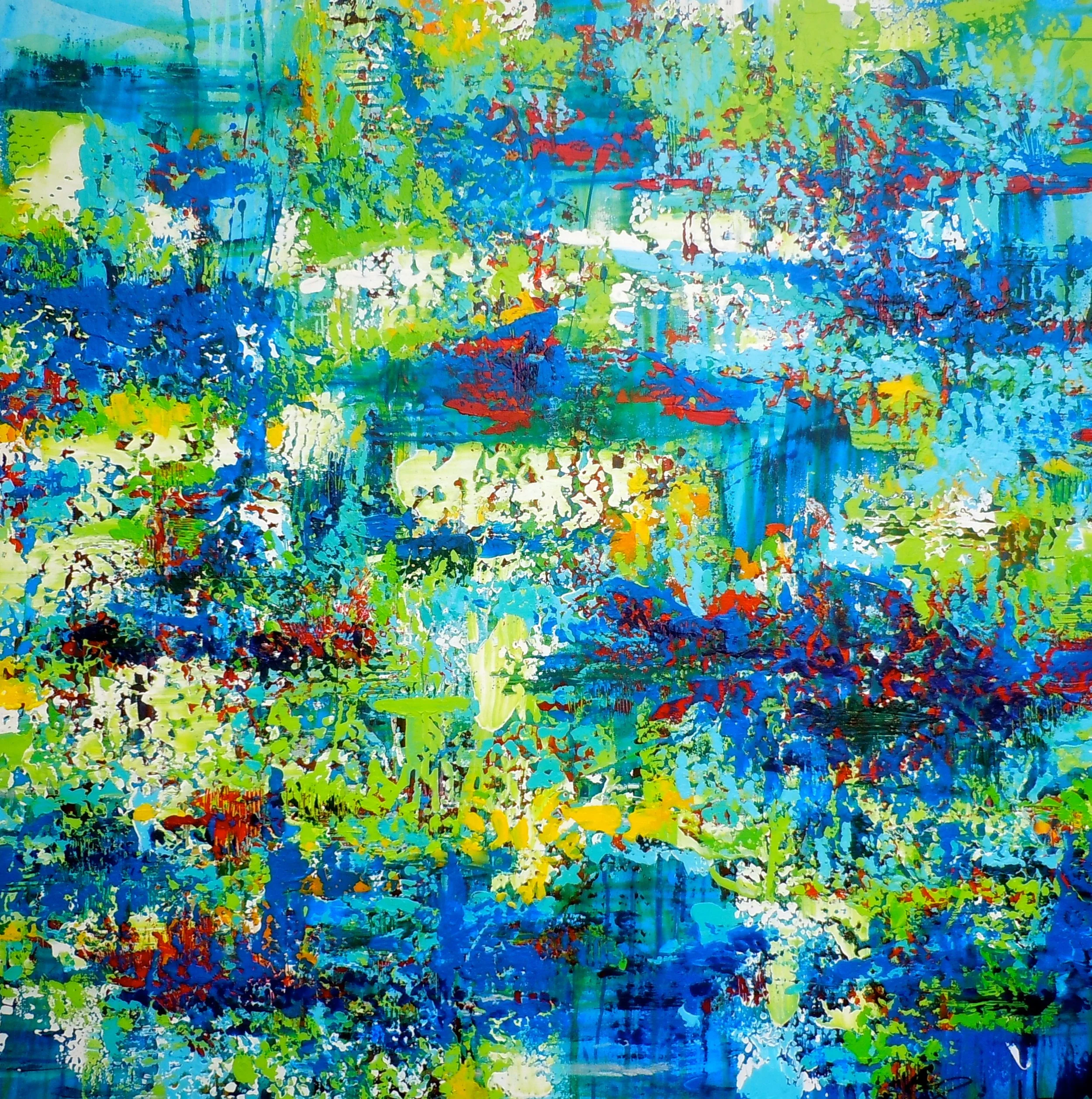 Abstract colorful painting with shades of blue, green, yellow, and hints of red and white in a textured, layered style.