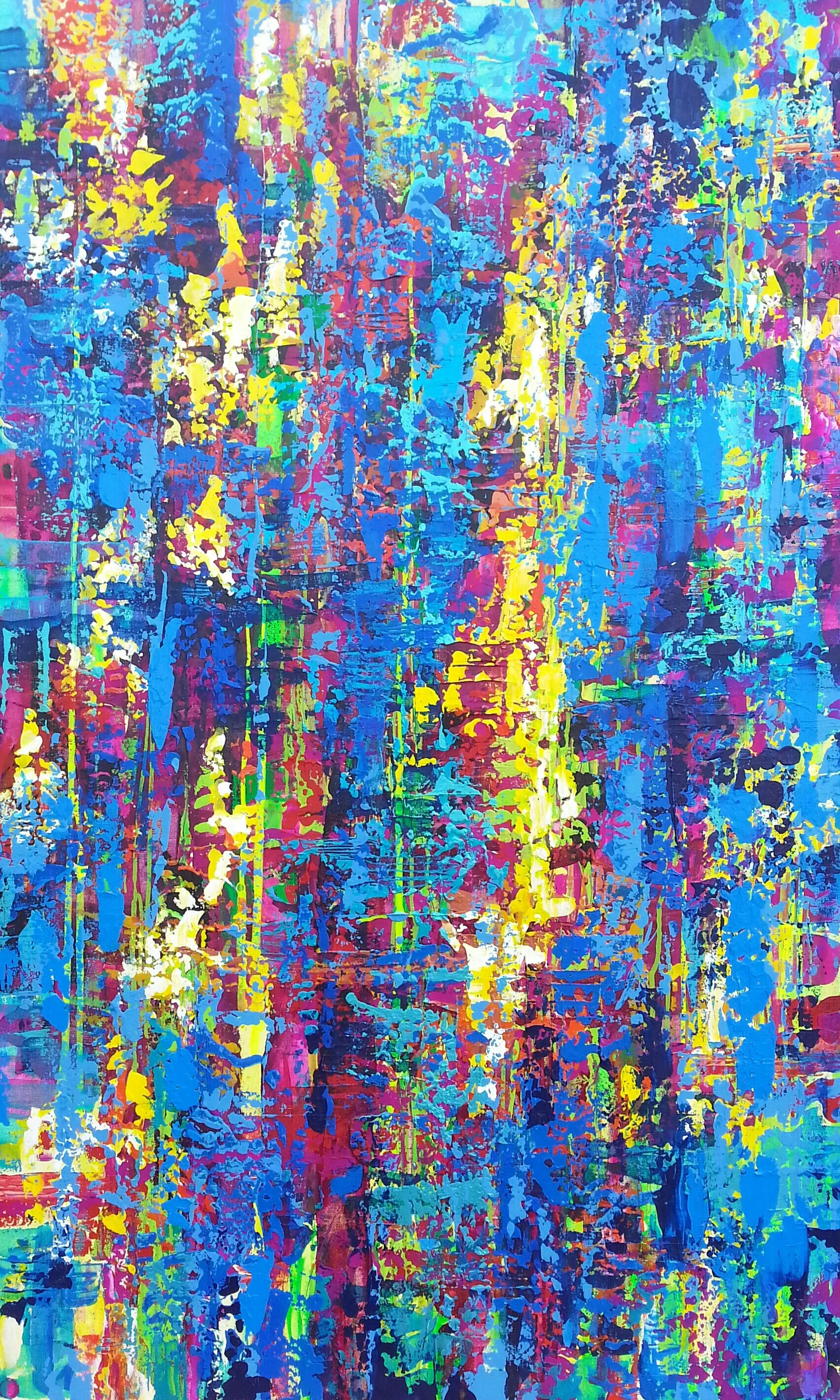 Abstract colorful painting with vibrant blue, yellow, pink, and green streaks and splashes.