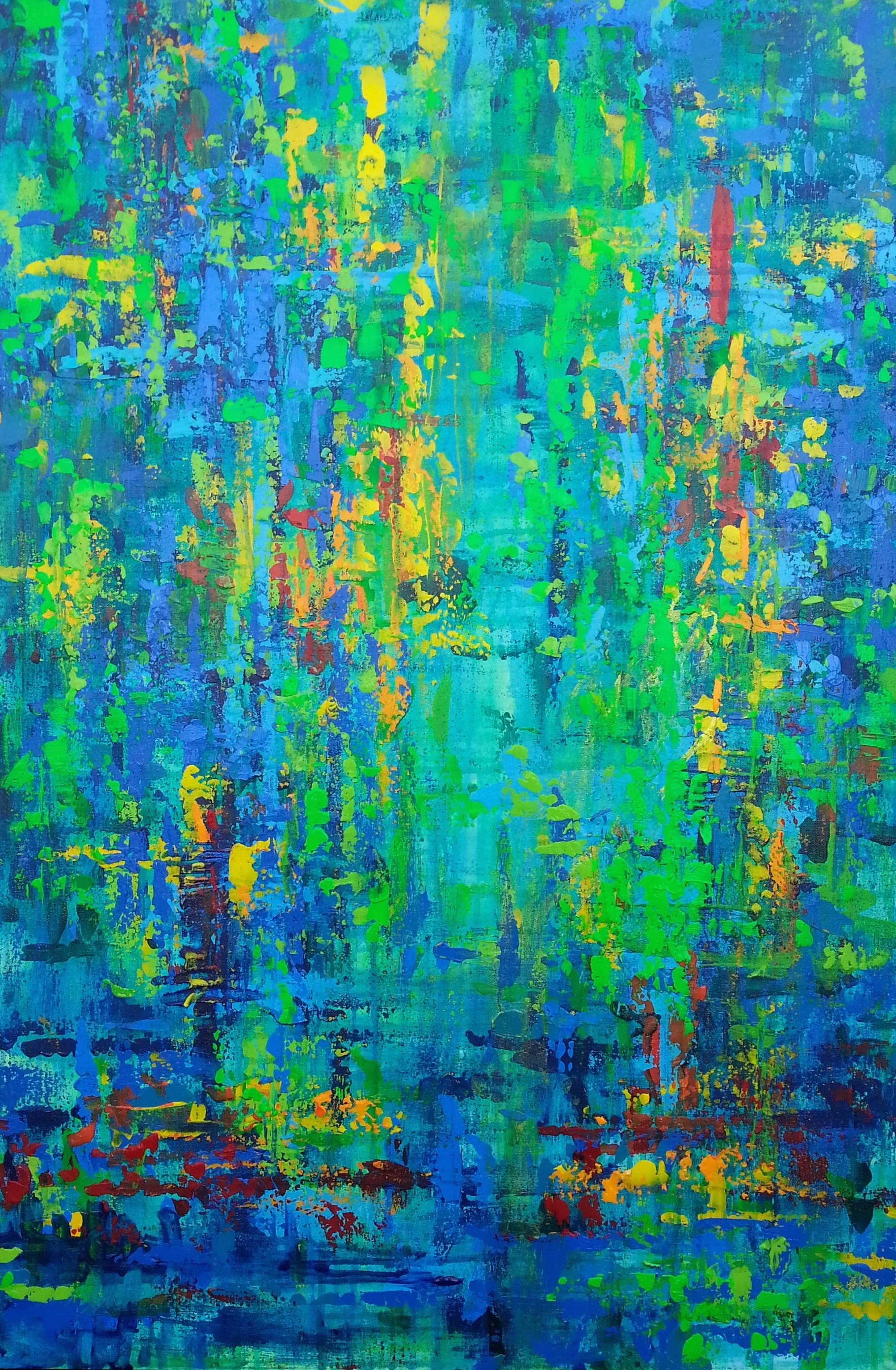 Abstract painting with vibrant shades of blue, green, yellow, and hints of orange and red.