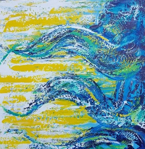 Abstract painting of several blue and green waves on a yellow background.