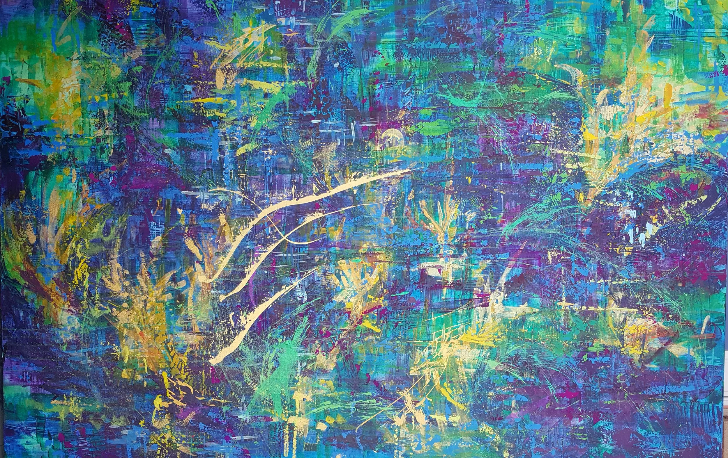 Abstract painting with vibrant splashes of greens, blues, purples, and yellows, featuring energetic brushstrokes and layered textures.