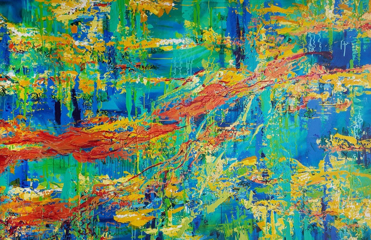 Abstract painting of a colorful forest scene with green, blue, yellow, and orange hues, depicting trees, leaves, and branches.