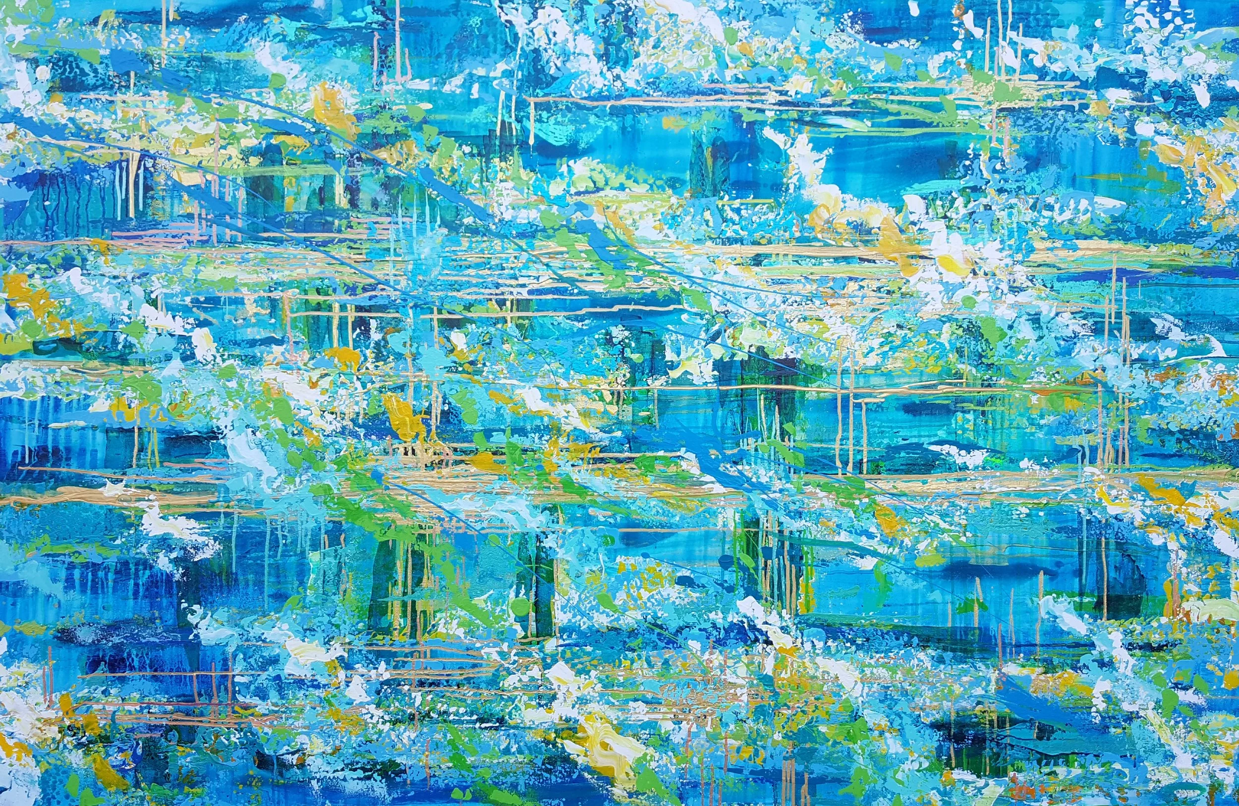 Abstract painting with vibrant blue, green, white, and gold brushstrokes creating a chaotic, textured composition.