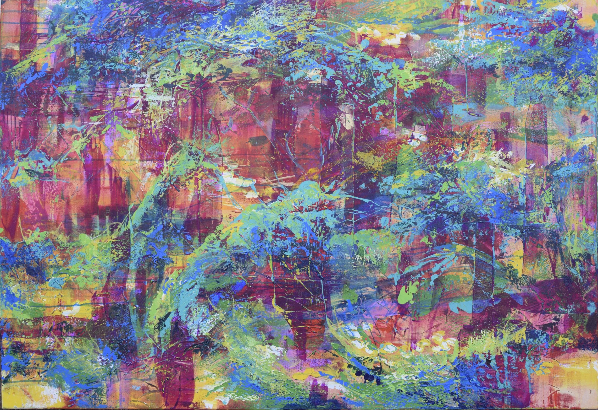 Colorful abstract painting with dominant shades of pink, blue, green, and yellow, layered with splashes and strokes of paint creating a vibrant, chaotic composition.
