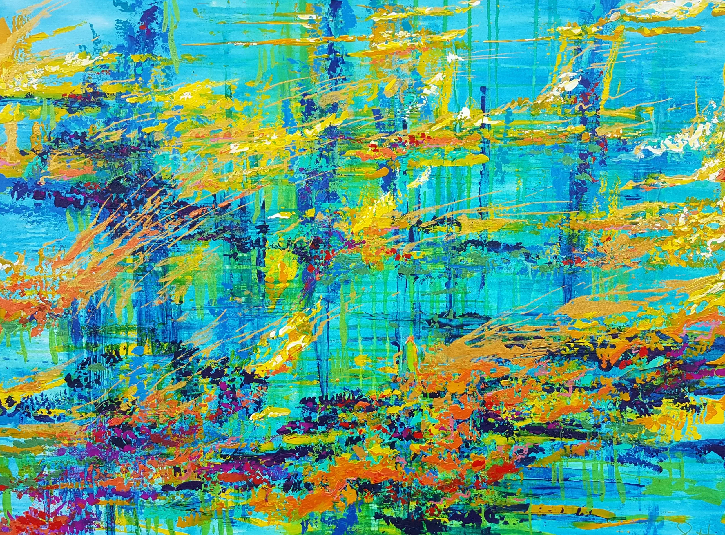 Abstract colorful painting with blue, green, yellow, orange, and purple strokes and drips.