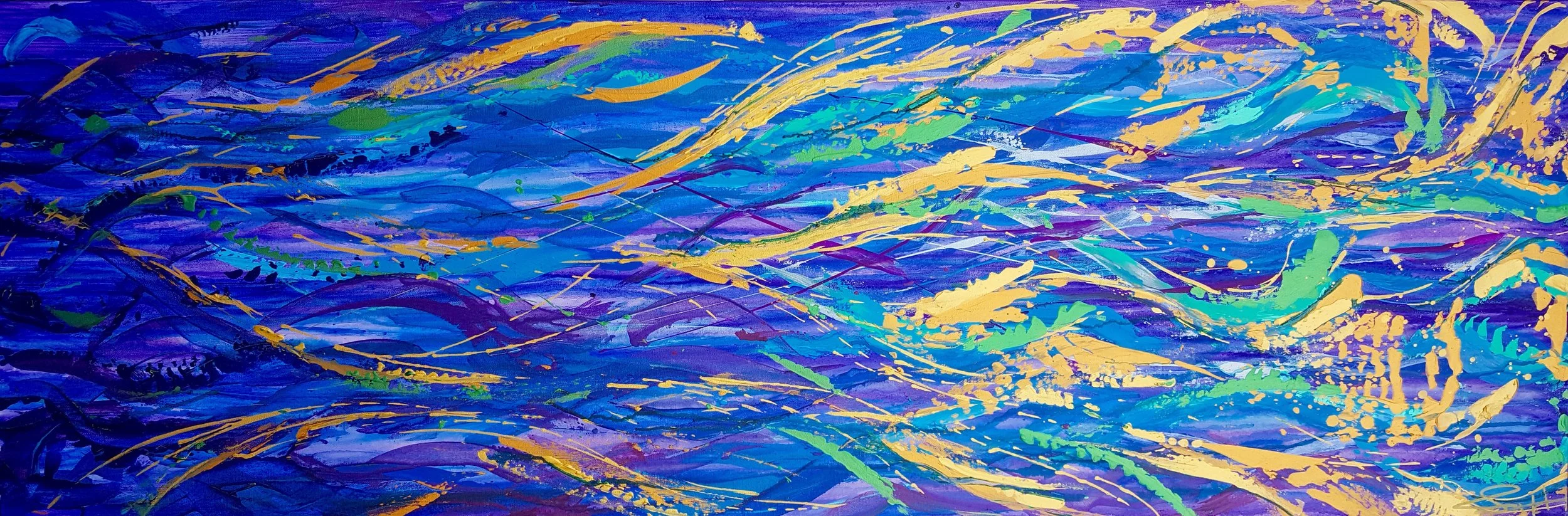 An abstract painting with swirling shades of blue, purple, yellow, and green, featuring dynamic brushstrokes and energetic splashes of color.