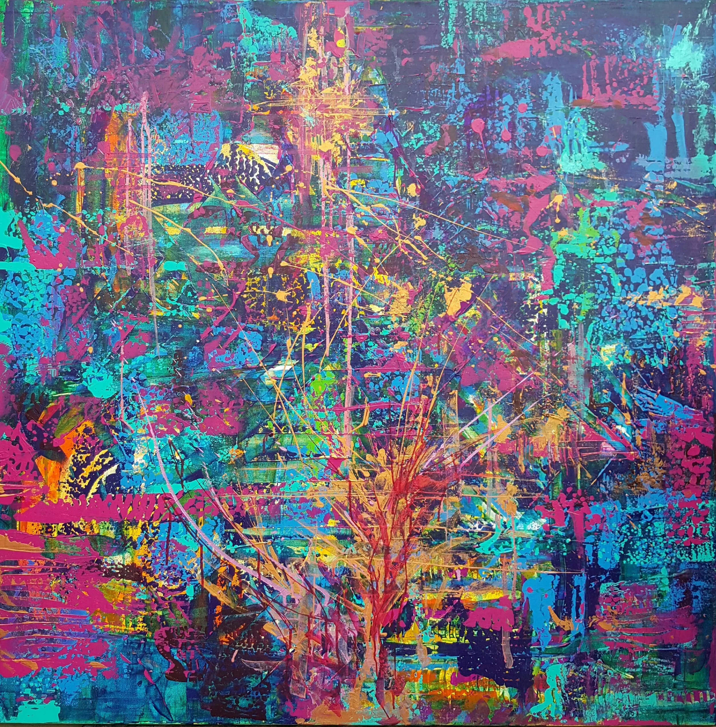 Abstract painting with vibrant splashes of pink, blue, yellow, green, purple, with gold splatters and streaks across the canvas.