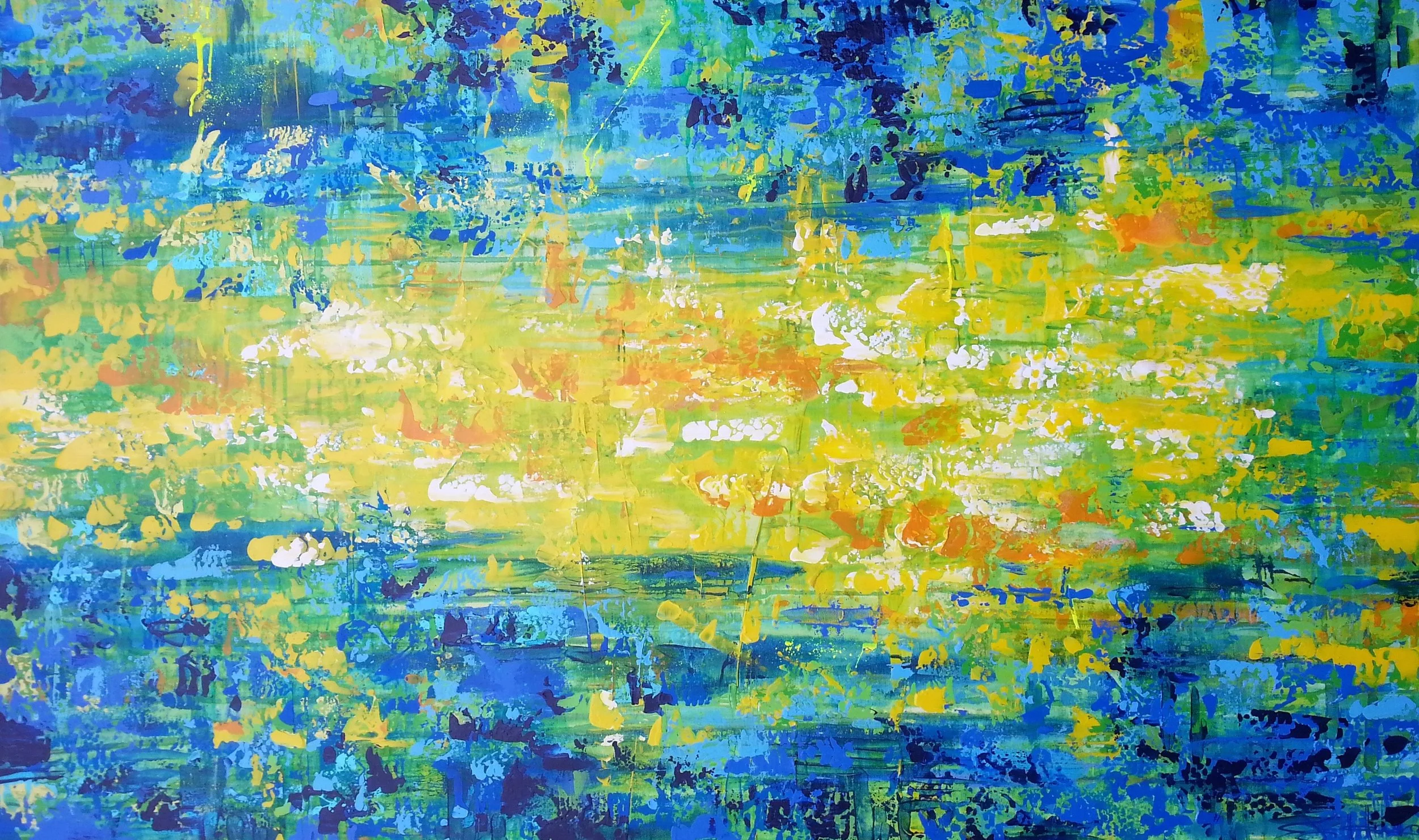 An abstract painting with a vibrant mix of blue, yellow, green, orange, and white brushstrokes.