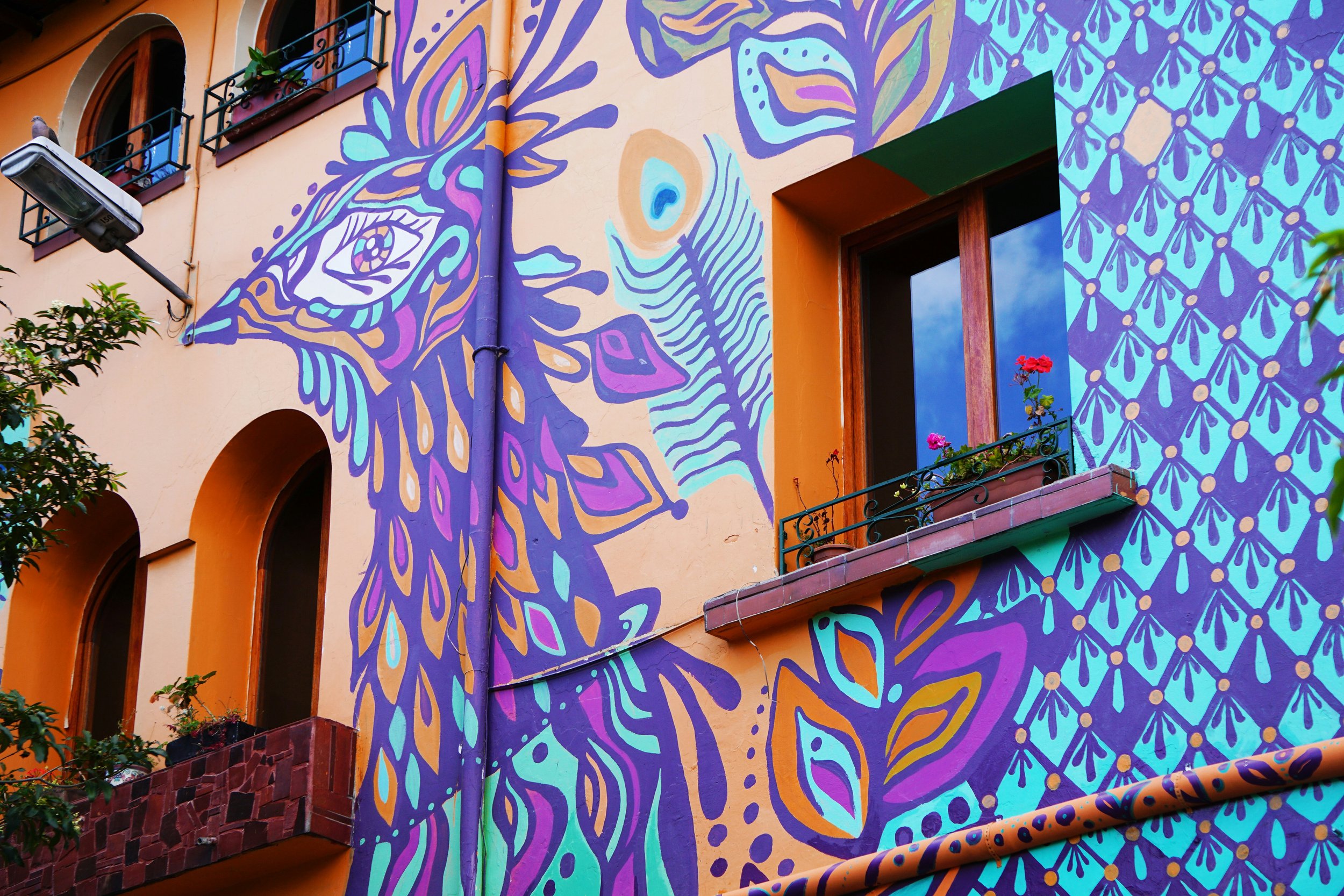 Colorful mural with peacock feathers on a colonial building in Ecuador