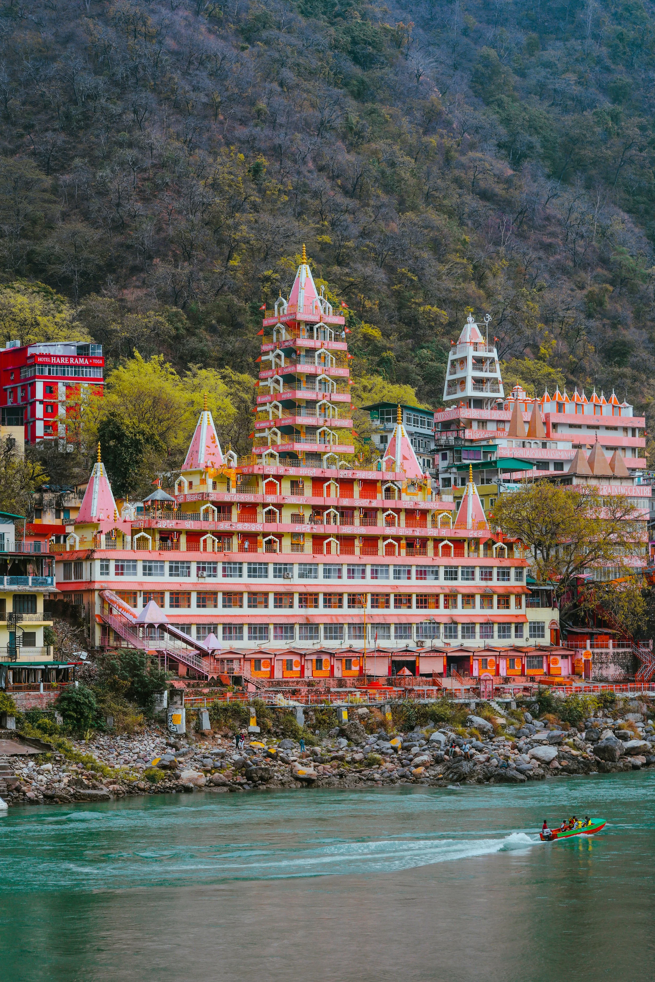 Riverside temples along the Ganges in Rishikesh, India