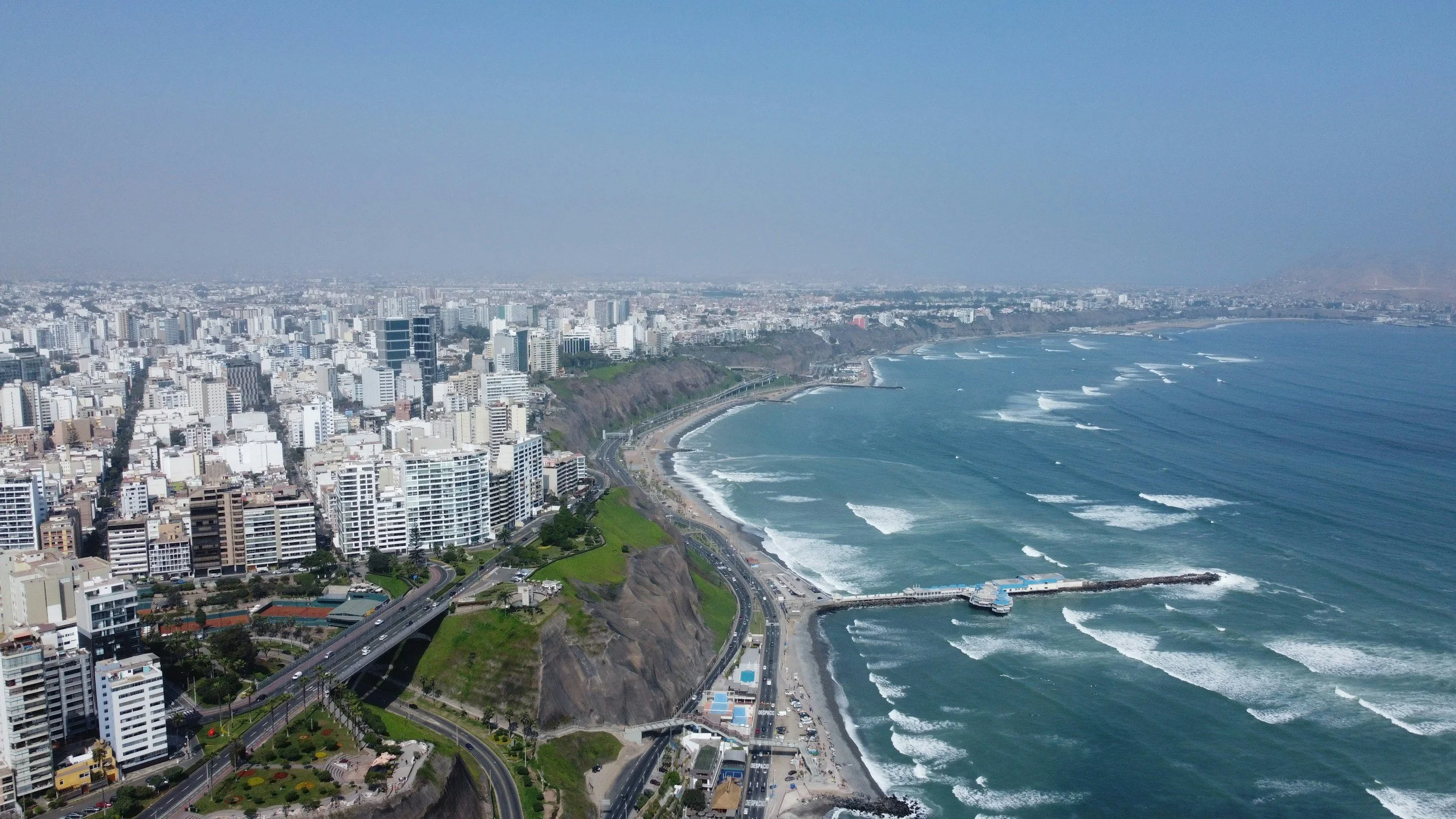Aerial view of the Lima coastline in Miraflores, Peru