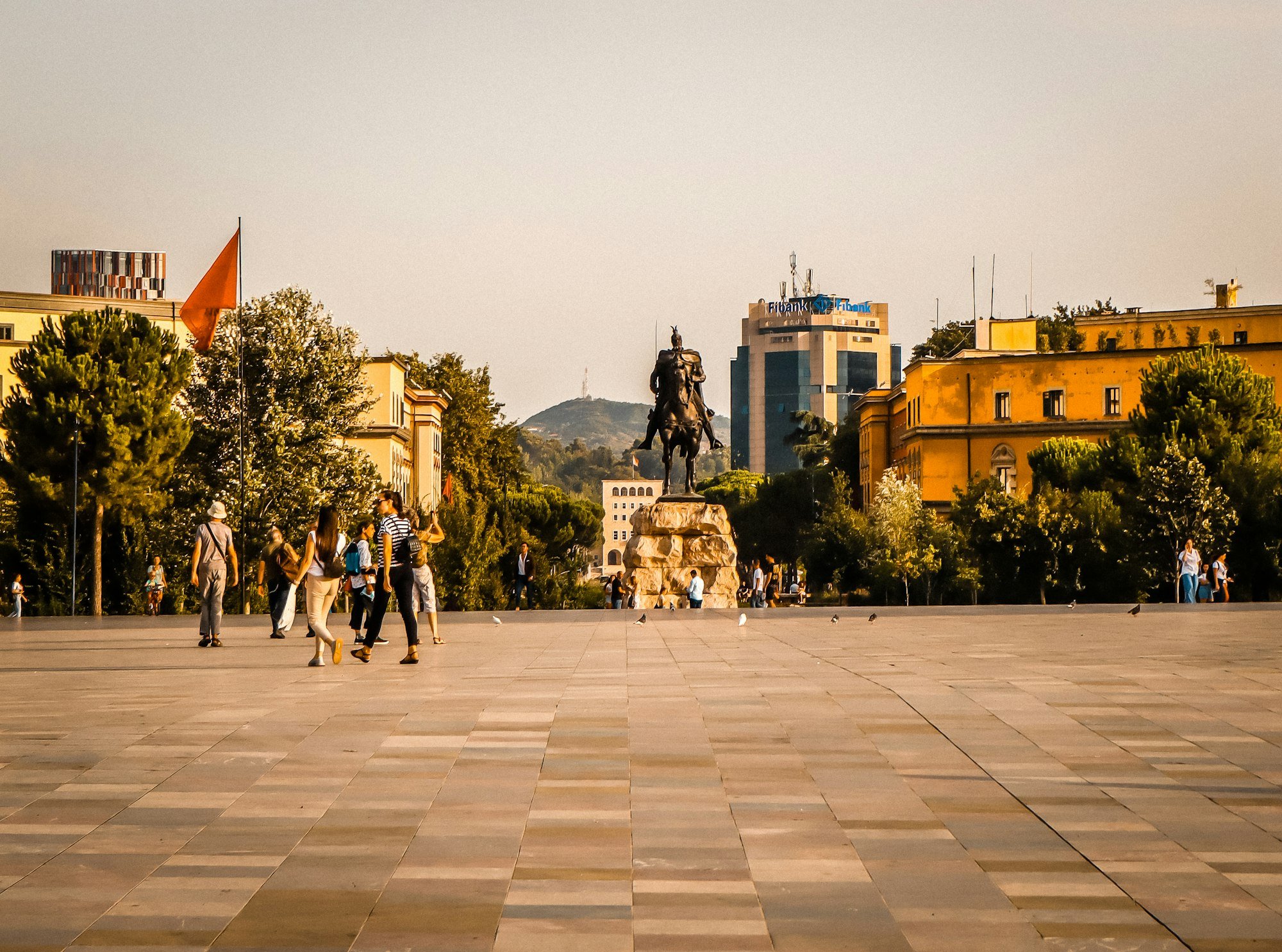 Colorful buildings and a city square in Tirana, Albania