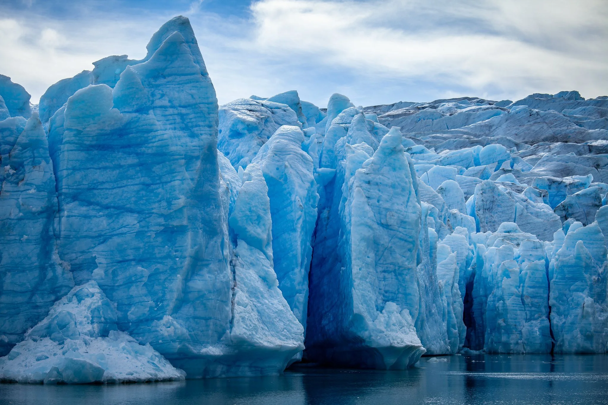 The blue ice wall of Grey Glacier in Torres del Paine, Patagonia.