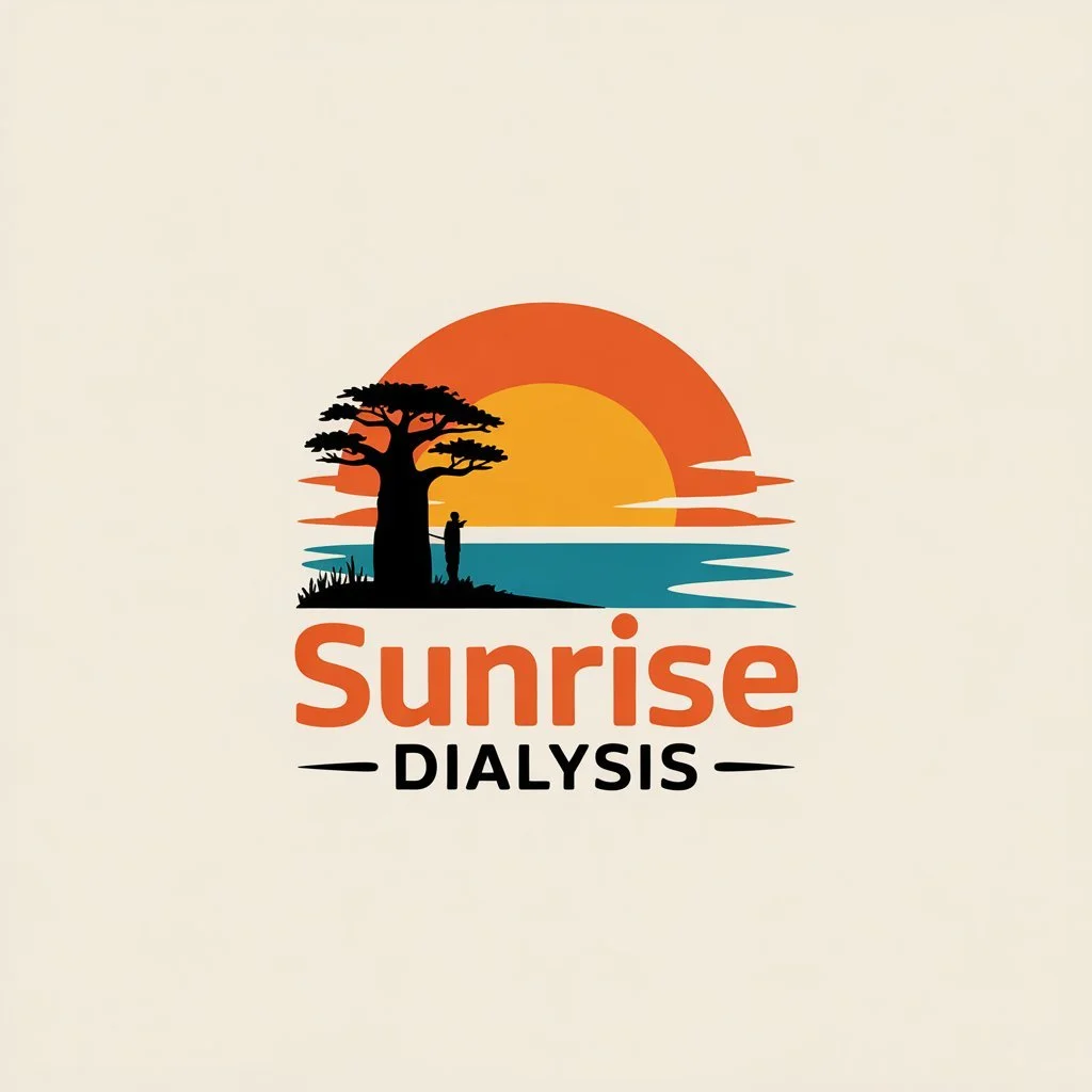 Logo for Sunrise Dialysis featuring a silhouette of a person under a tree against a sunrise background, with water and horizon elements. Text reads "Sunrise Dialysis."