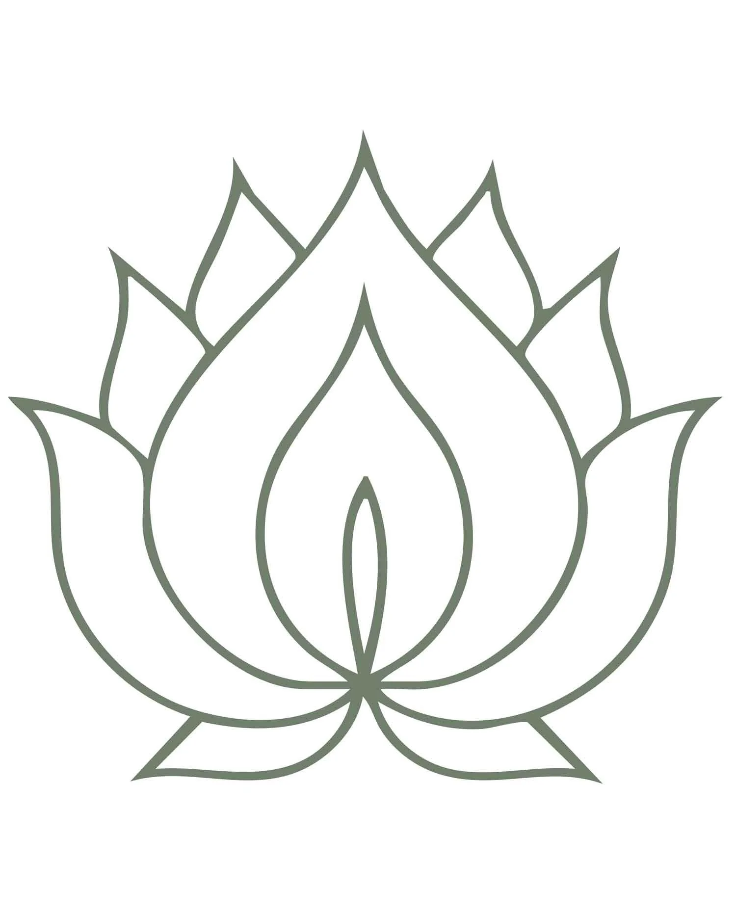 Line drawing of a lotus flower with layered petals and leaves