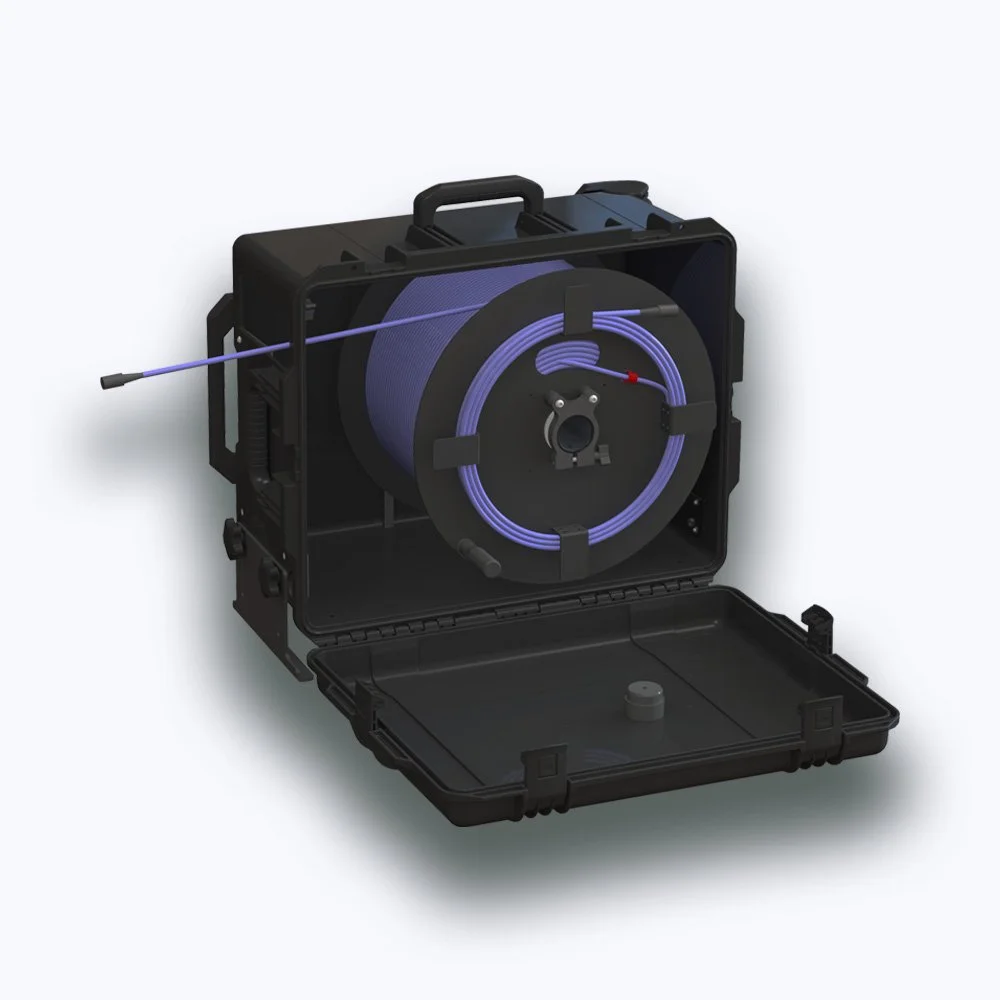 PCR-1810 portable cable reel with the case open, showing the cable drum and hand crank inside