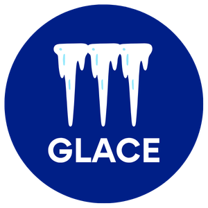 Logo bleu avec des stalactites de glace et le mot 'GLACE' en blanc.