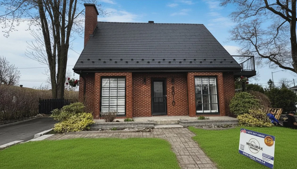 Une maison en briques rouges avec un toit en tuiles foncées en acier galvanisé noir Armadura toiture, deux fenêtres à cadrages noirs,