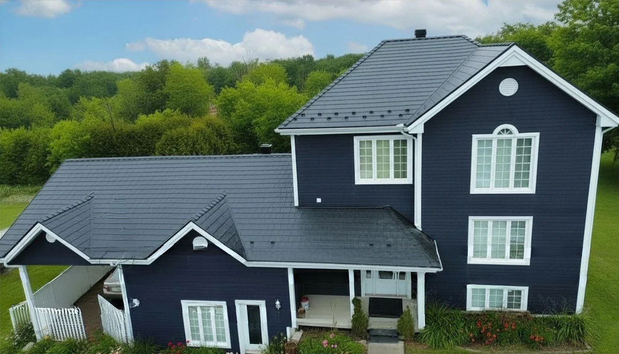 Une maison à deux étages avec un revêtement bleu foncé, avec une toiture métallique Armadura noire plusieurs fenêtres à volets blancs, un toit en tuiles gris, et un jardin verdoyant entouré d’arbres.