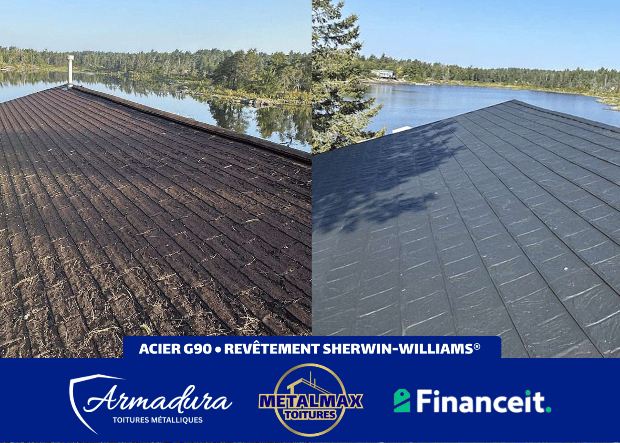 Avant et après — remplacement de bardeaux d'asphalte par une toiture métallique Armadura™ Stone — installation certifiée MetalMax